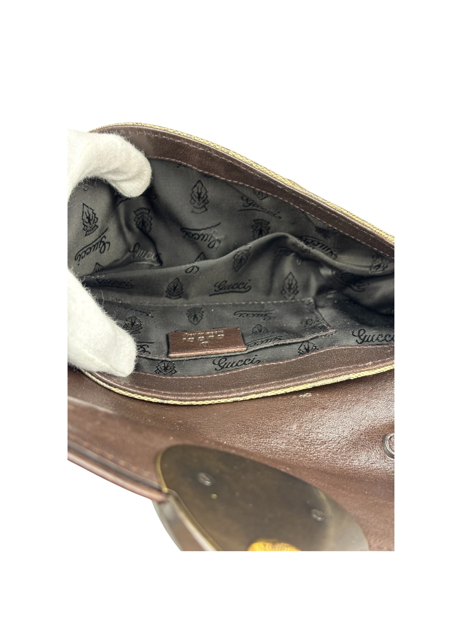 Gucci Brown Patent Leather GG Crystal Babouska Hysteria Pochette