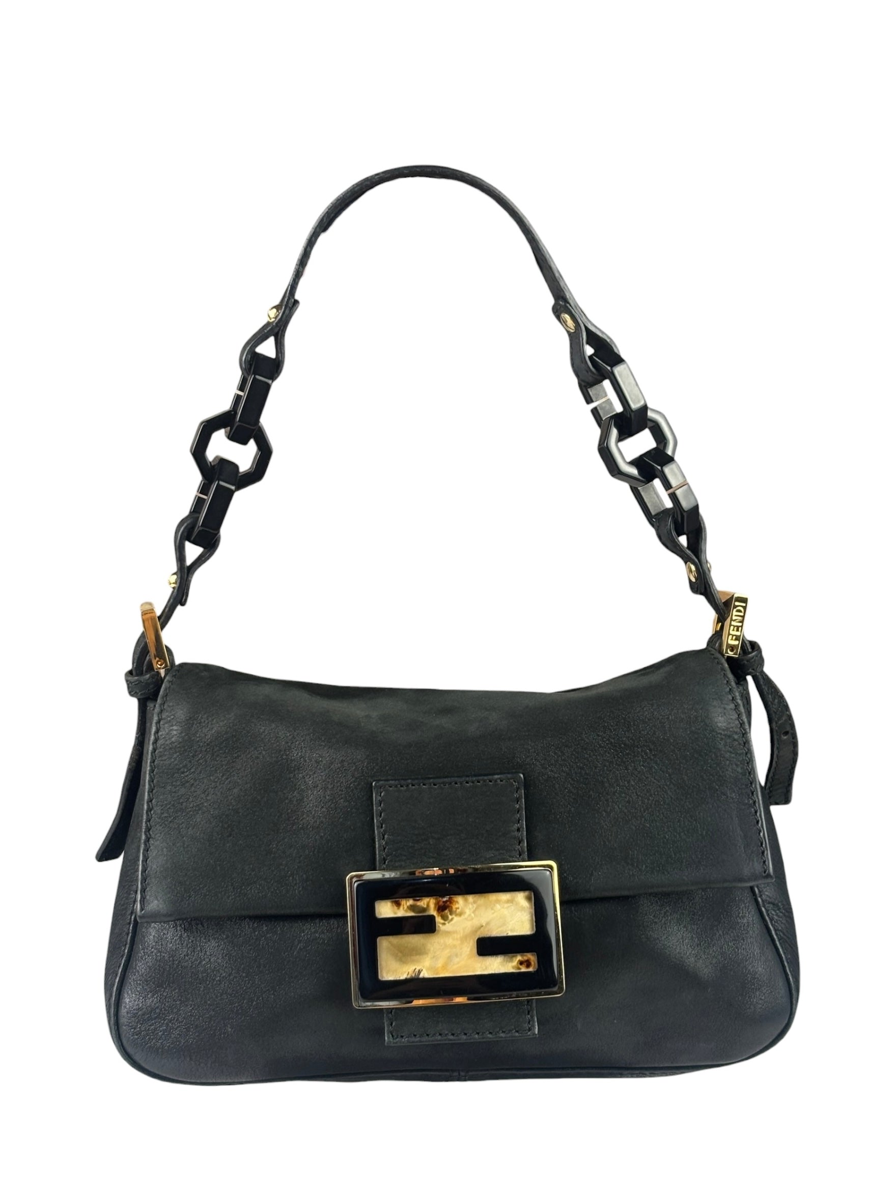 Fendi Shiny Black Suede Small Baguette