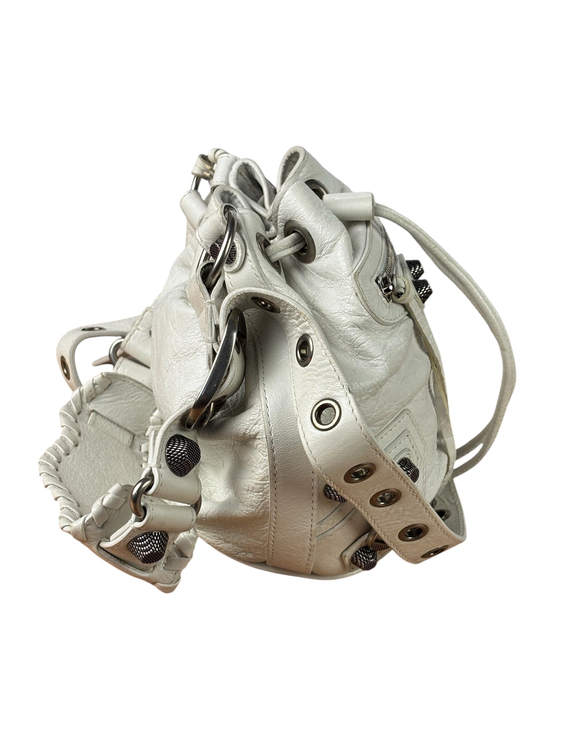 Balenciaga White Leather Le Cagole Bucket Shoulder Bag