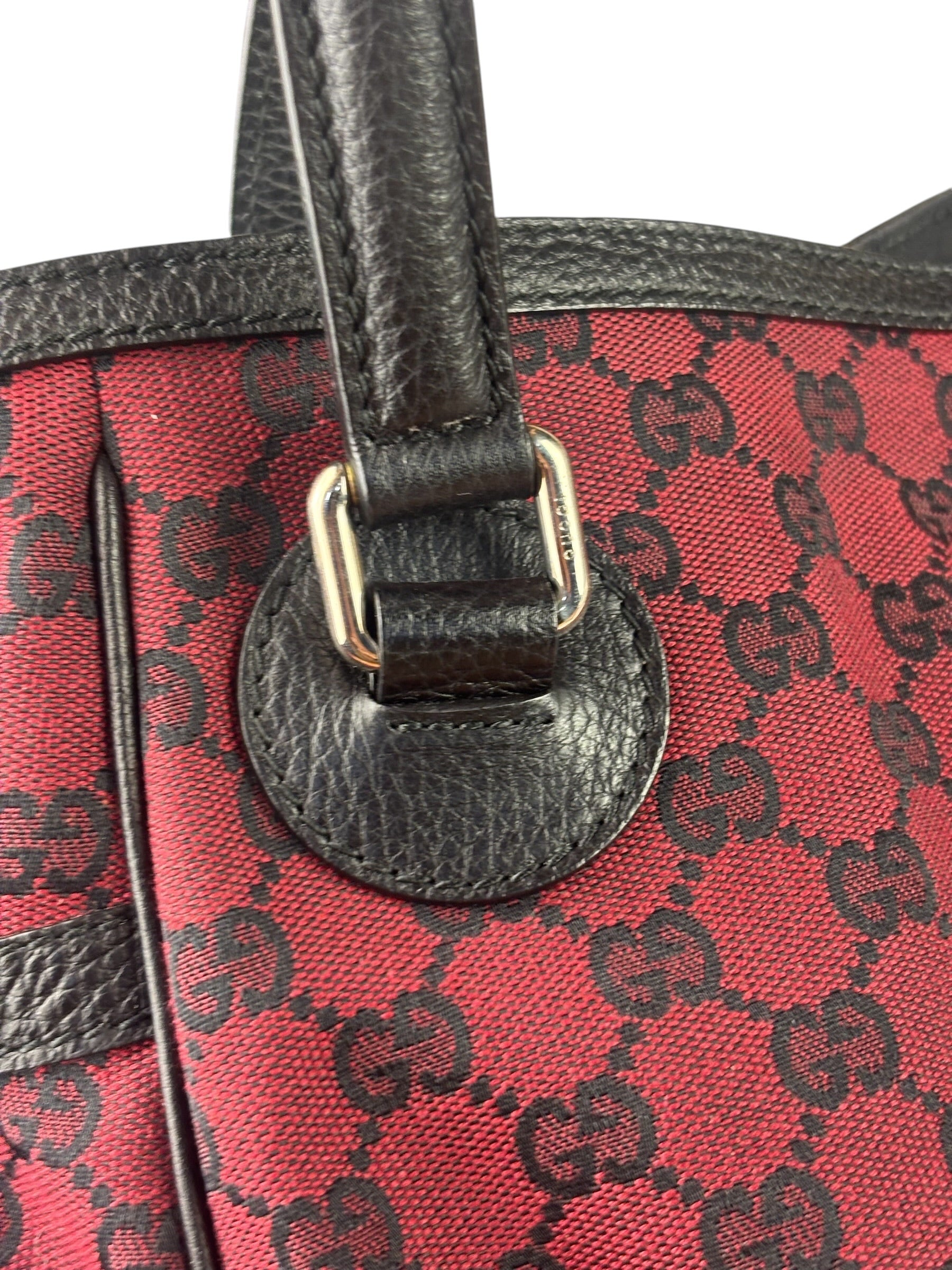 Gucci Red/Black Leather Trim GG Full Moon Tote