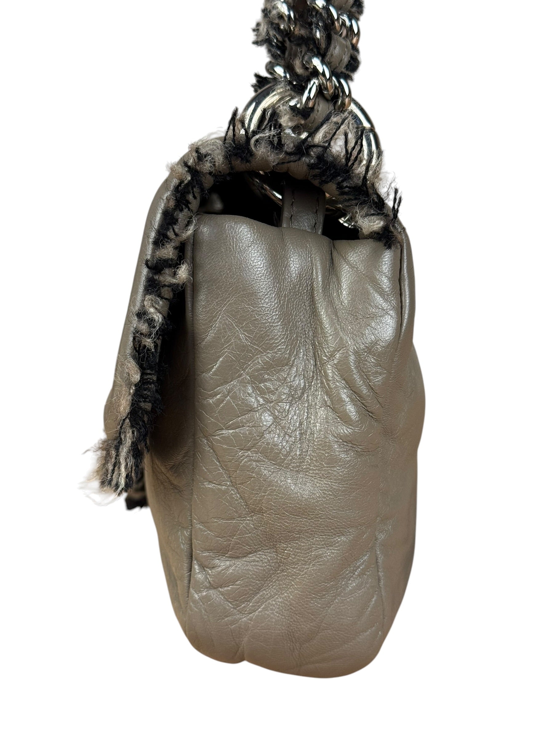 Chanel Taupe Leather Funny Tweed Fringe Flap Bag 2010