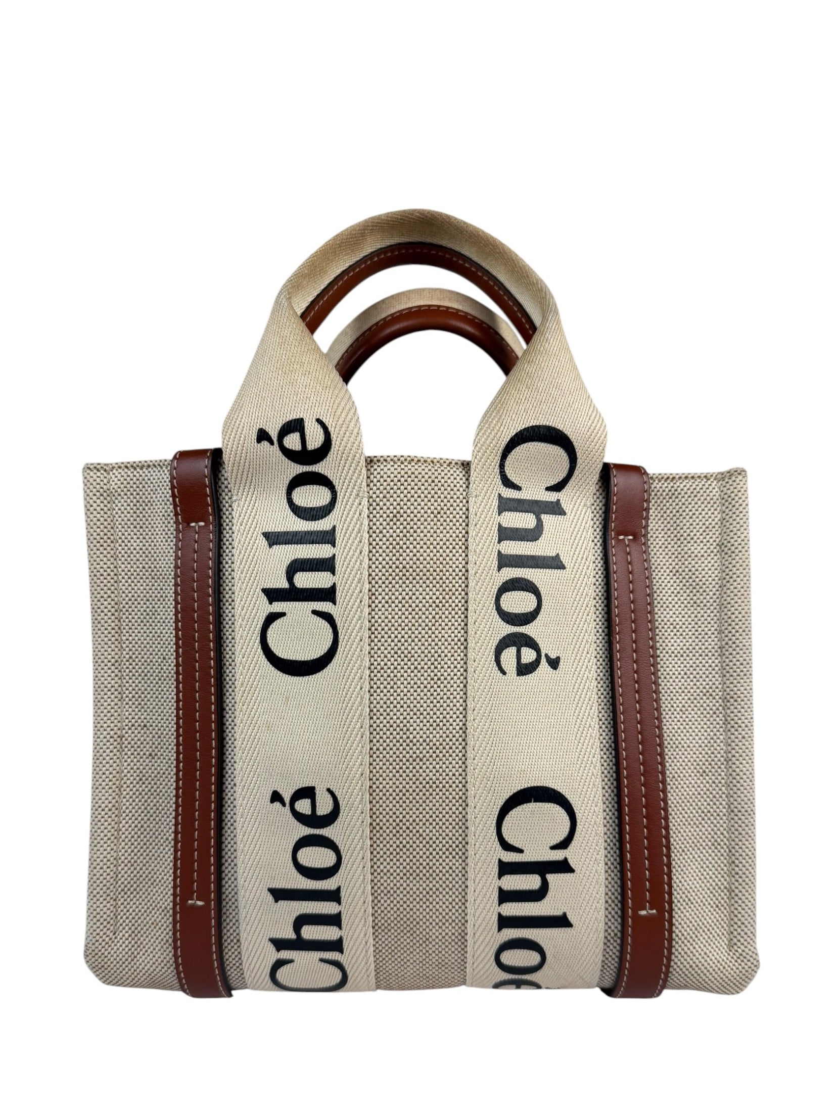 Chloe Brown Leather Trim/Linen Canvas Woody Small Tote