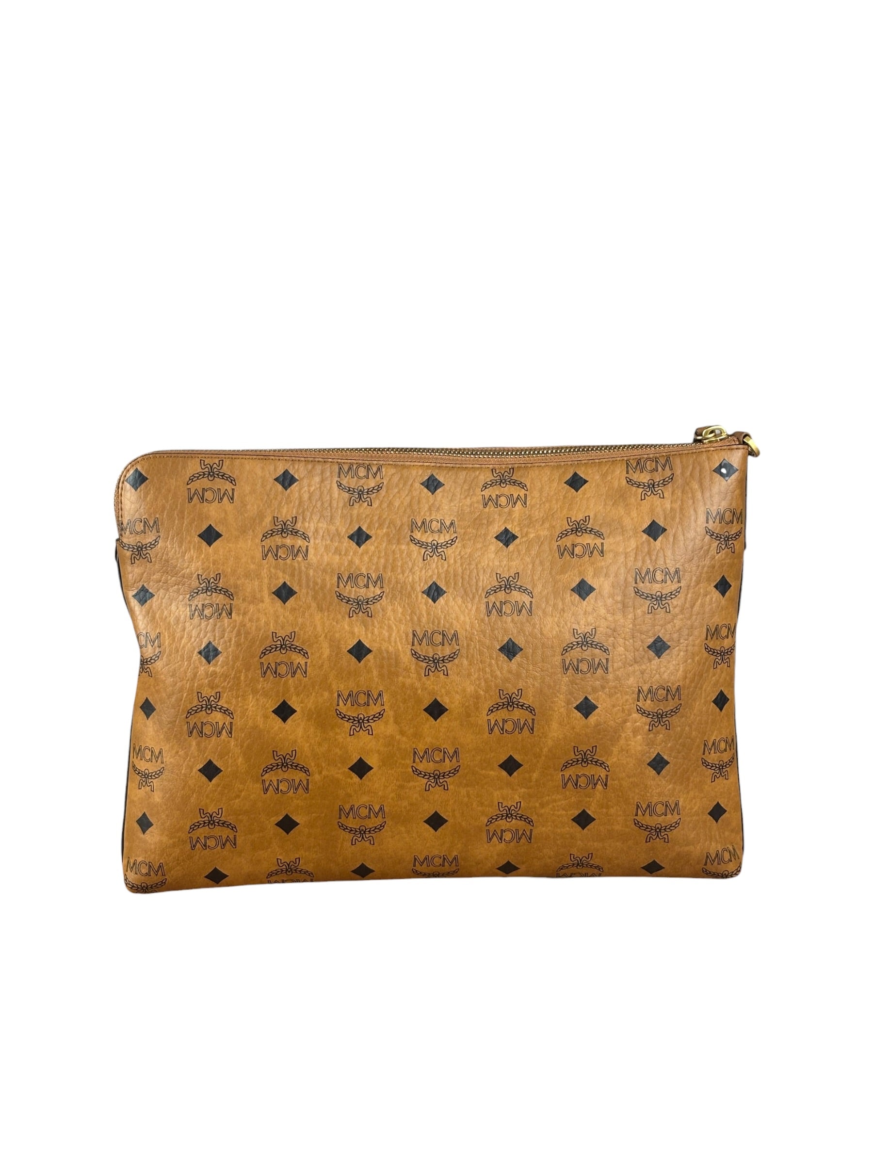 MCM Visetos Brown Leather Diamond Wristlet Flat Pouch