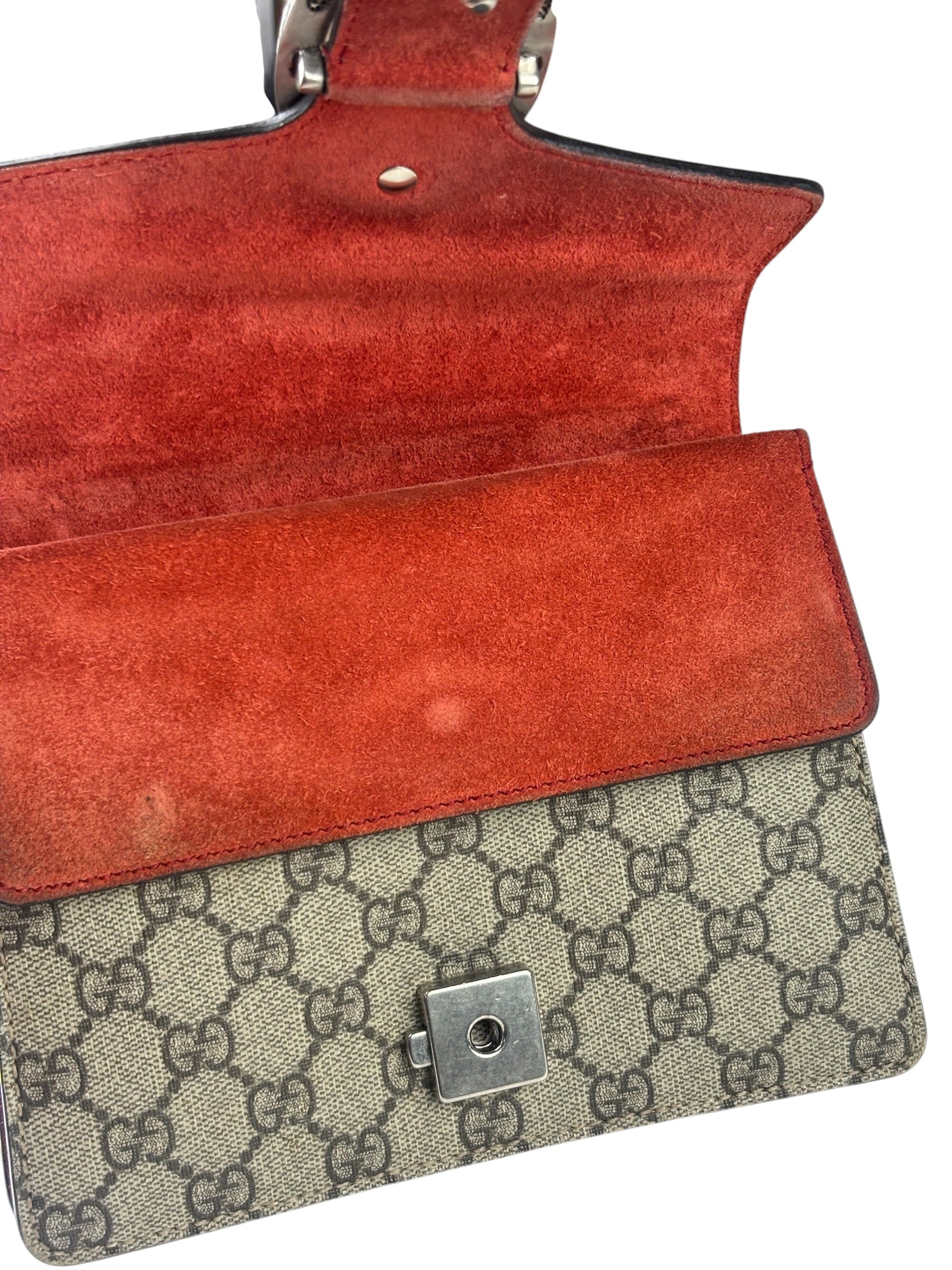 Gucci Beige/Red Leather/Suede Trim GG Supreme Dionysus Small Shoulder Bag