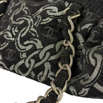 Chanel Black CC Jacquard Chain Silver Metallic Bowler Handbag 2005