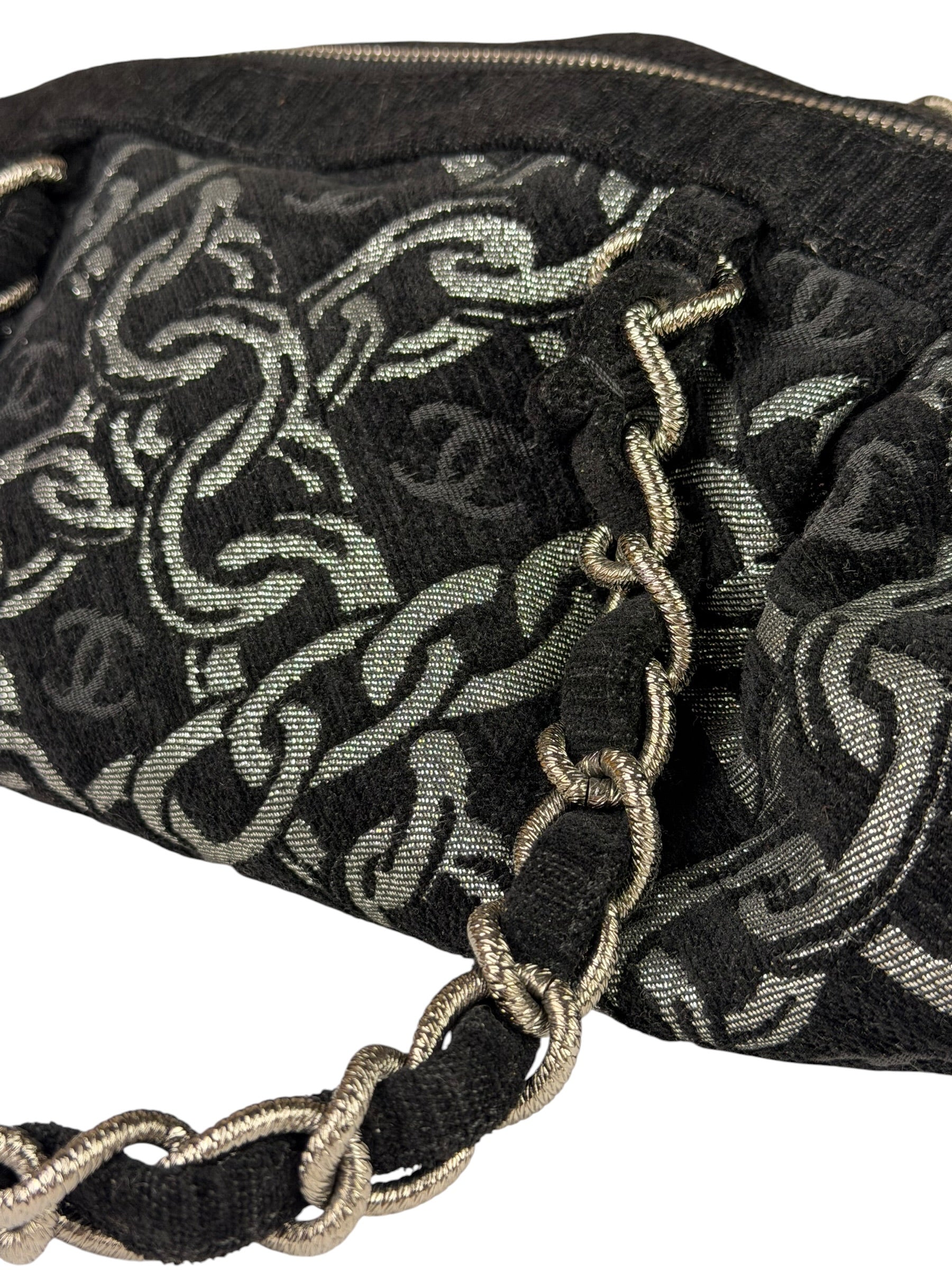 Chanel Black CC Jacquard Chain Silver Metallic Bowler Handbag 2005