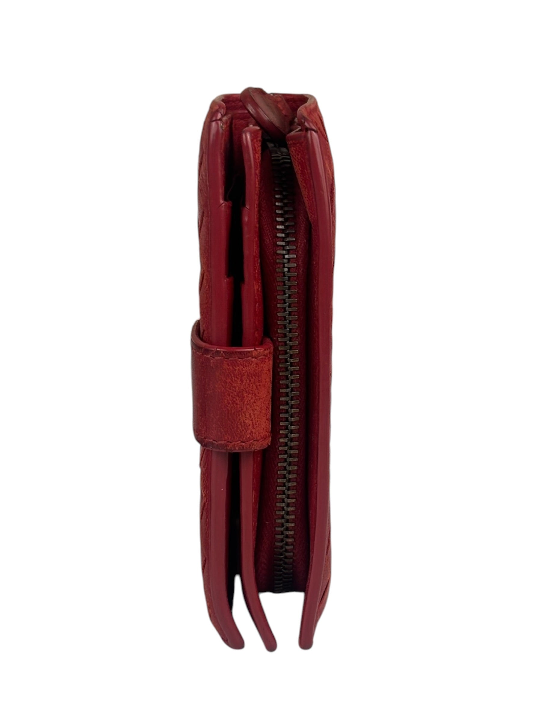 Bottega Veneta Red Leather Nappa Intercciato French Compact Wallet