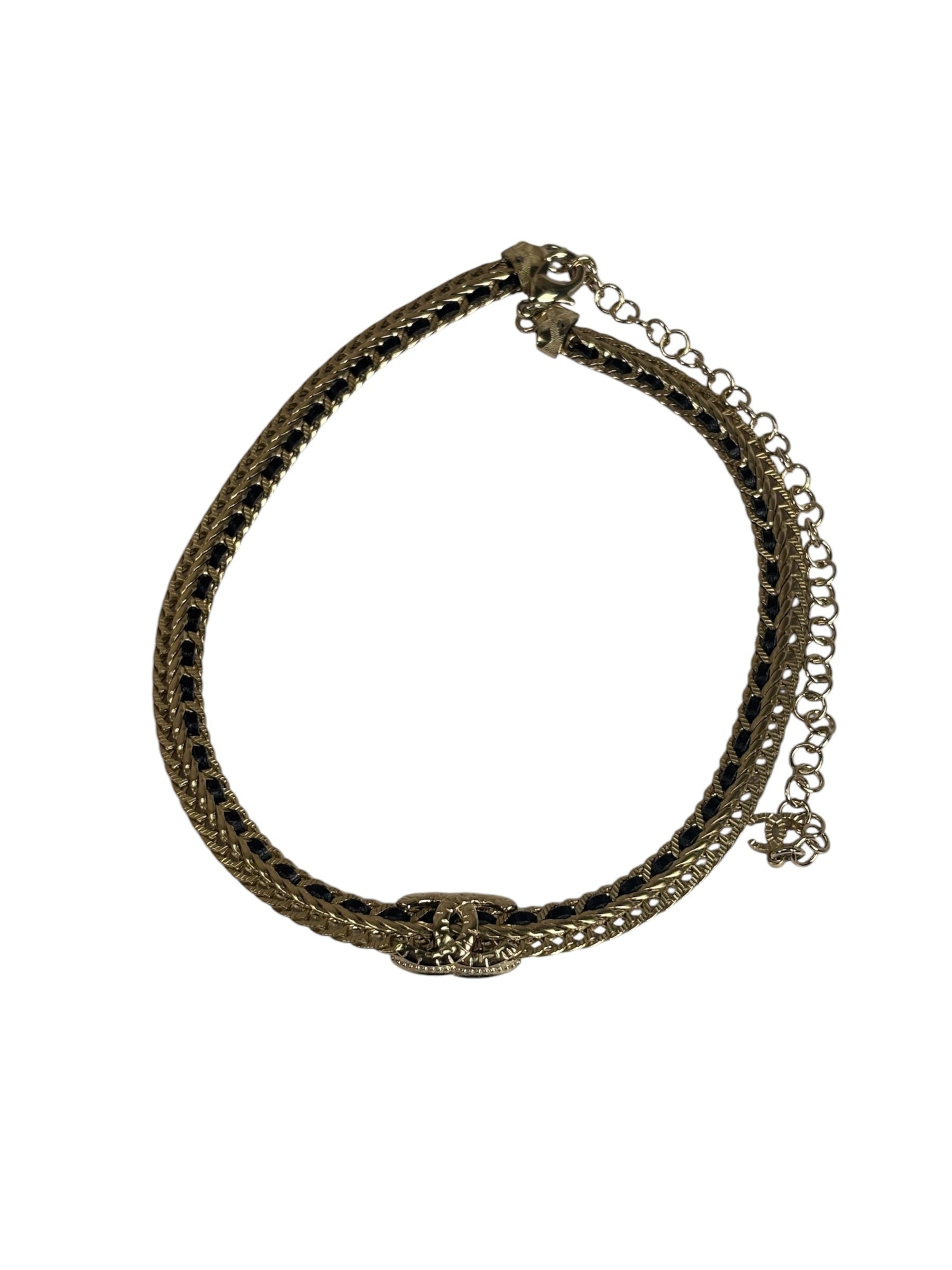 Chanel Black Leather Trim Gold-Tone Chain Choker 22S