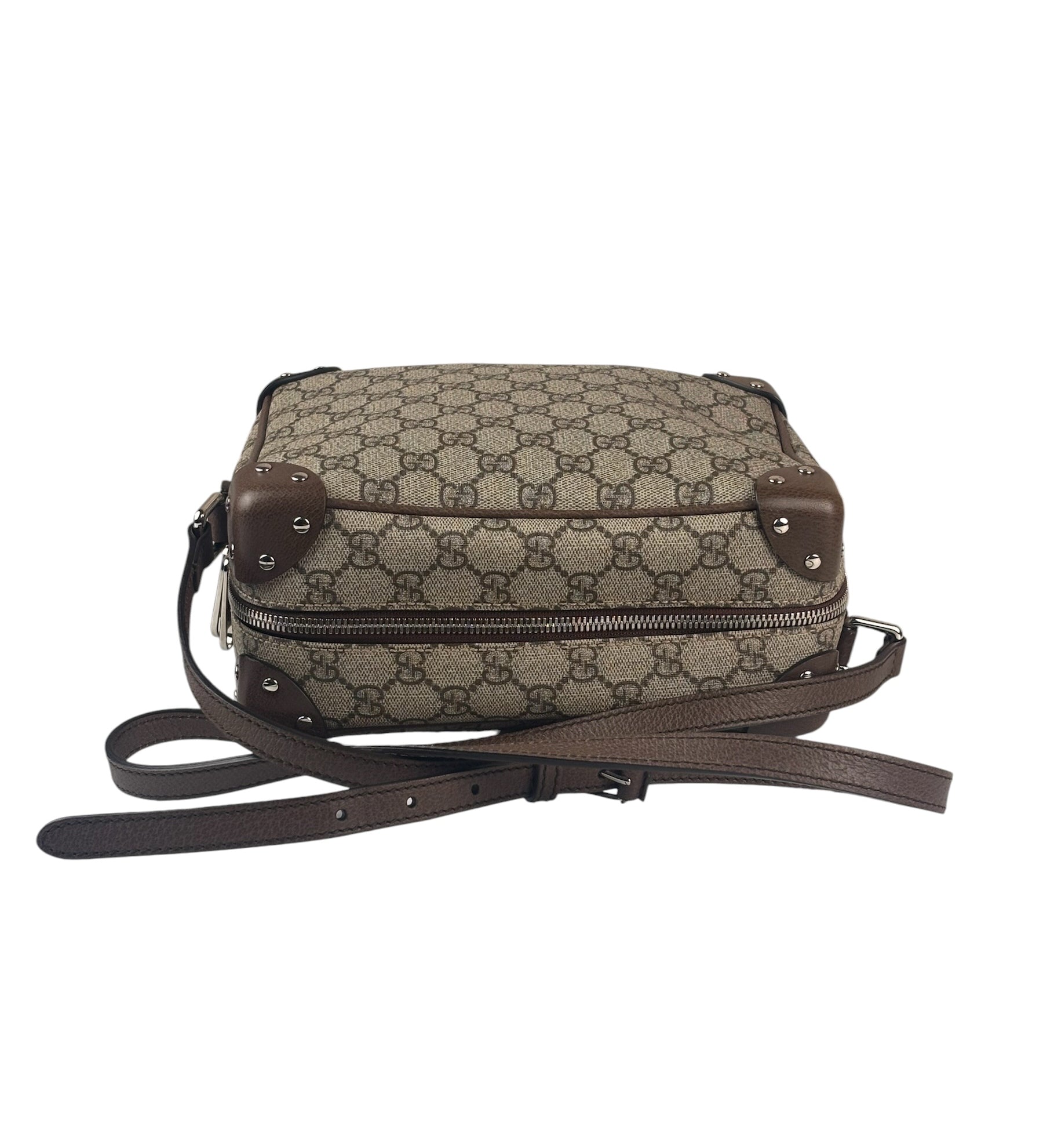Gucci Brown Leather Trim GG Supreme Soft Trunk Crossbody