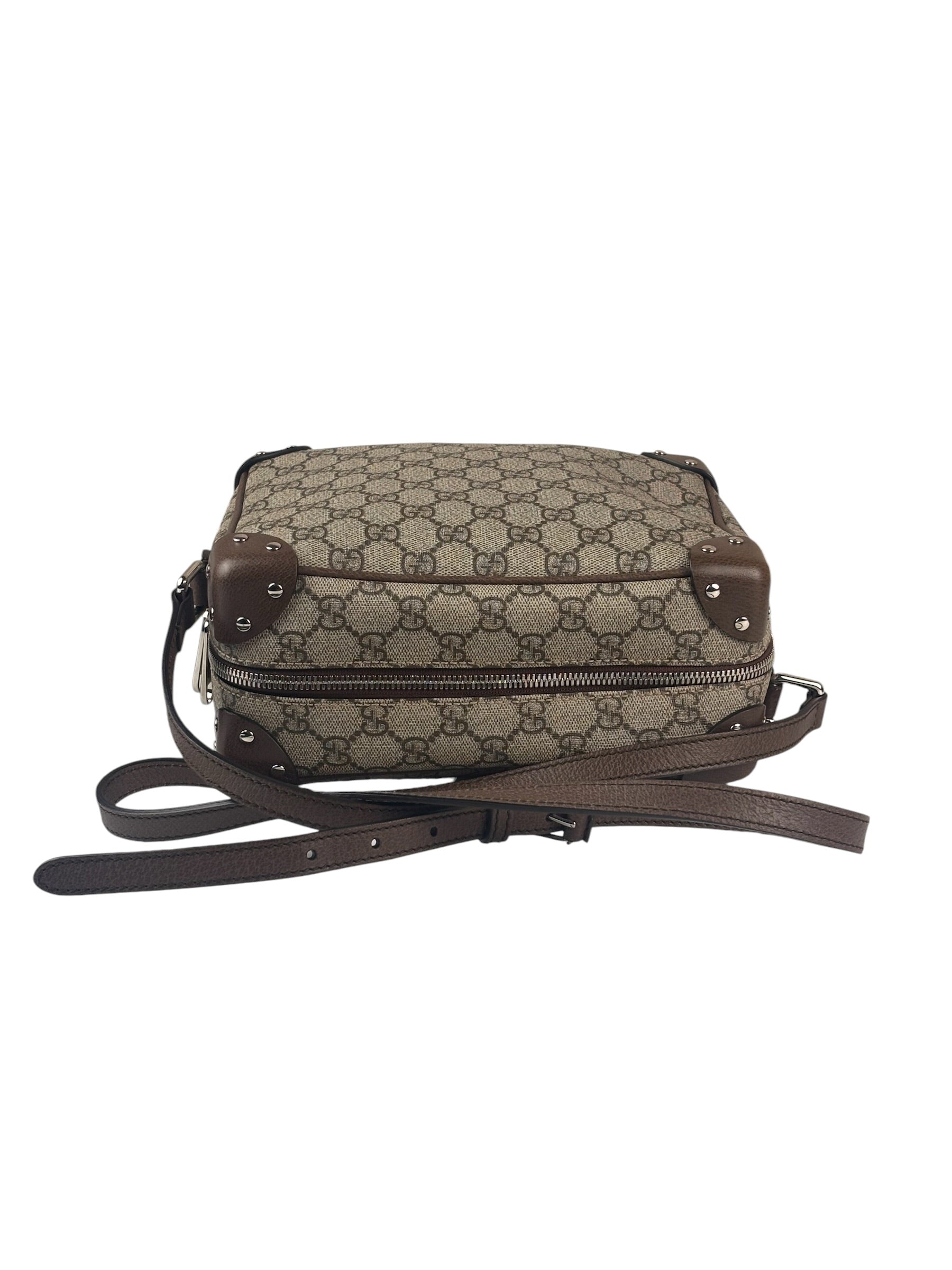 Gucci Brown Leather Trim GG Supreme Soft Trunk Crossbody