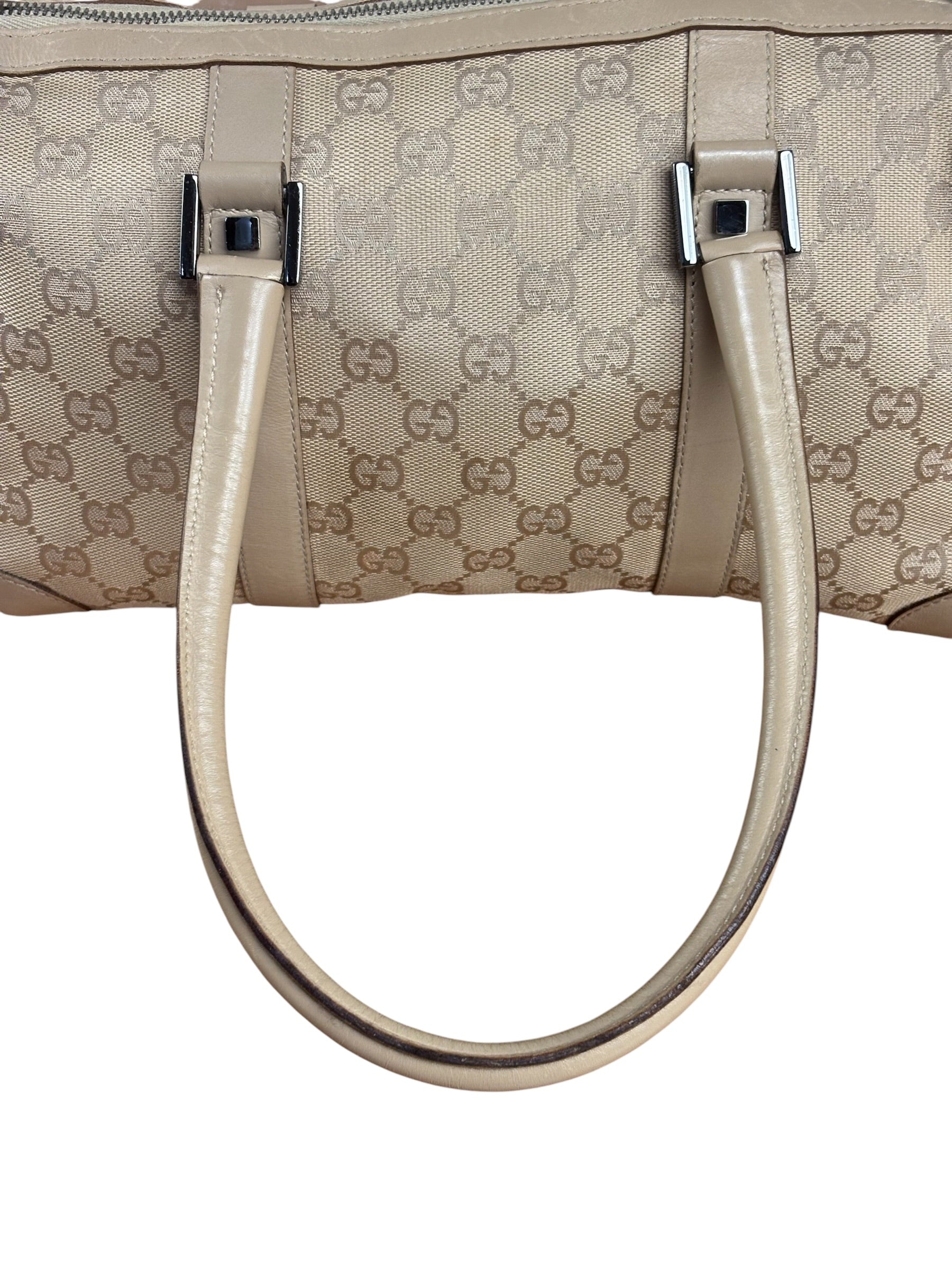 Gucci GG Beige Leather Trim Guccissima Small Boston Bag