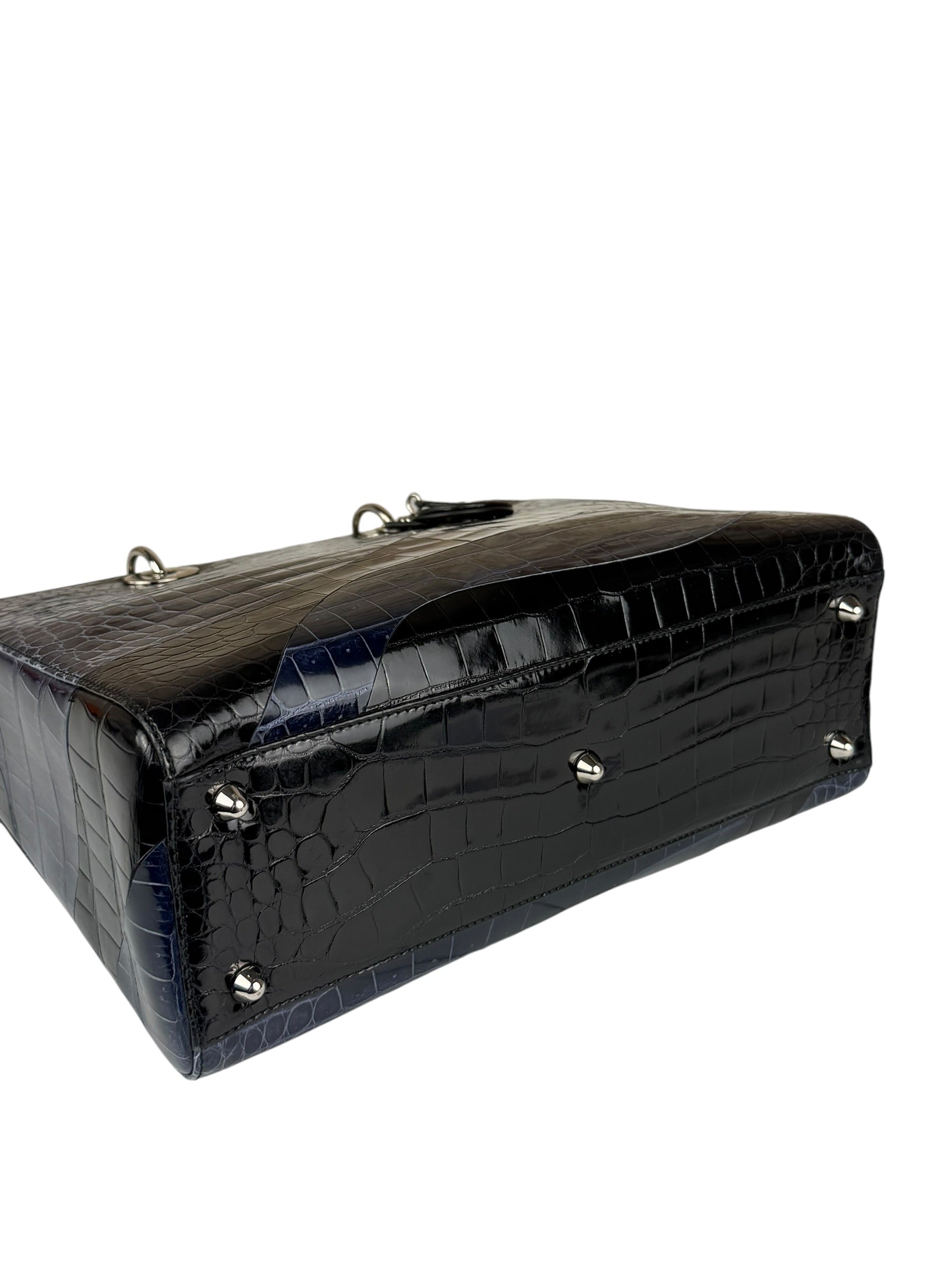 Christian Dior Rare Black/Navy Croc Embossed Lady Dior Handbag