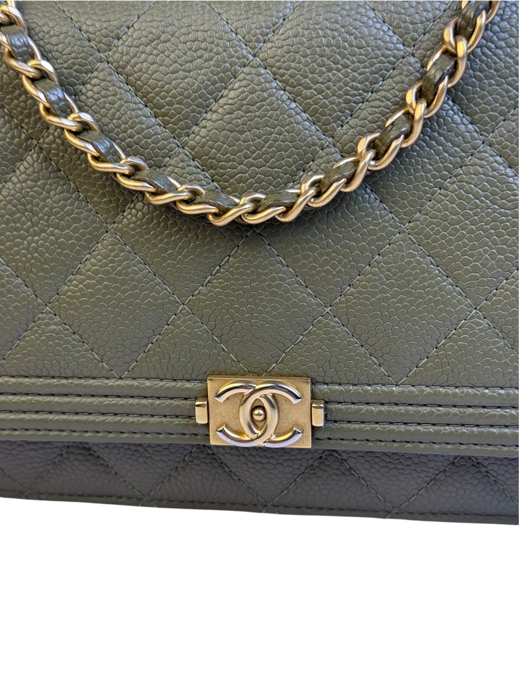 Chanel Olive Green Quilted Caviar Boy Flap Wallet On Chain 2017