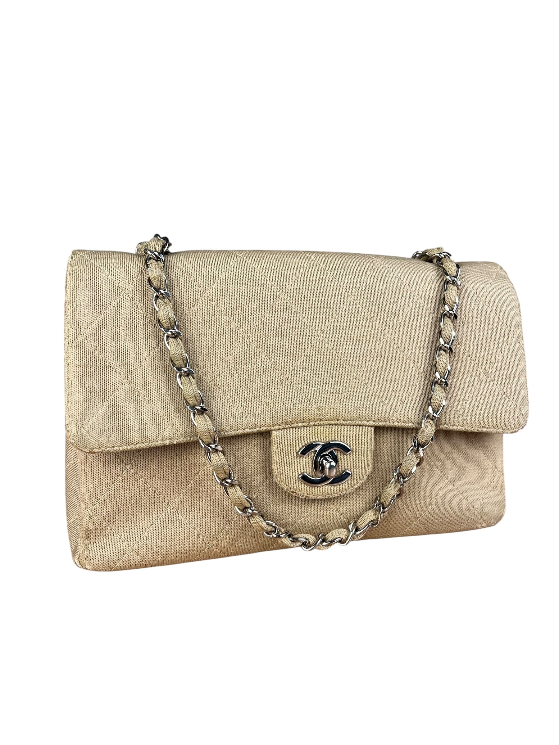 Chanel Vintage Beige Jersey Quilted Classic Flap Bag