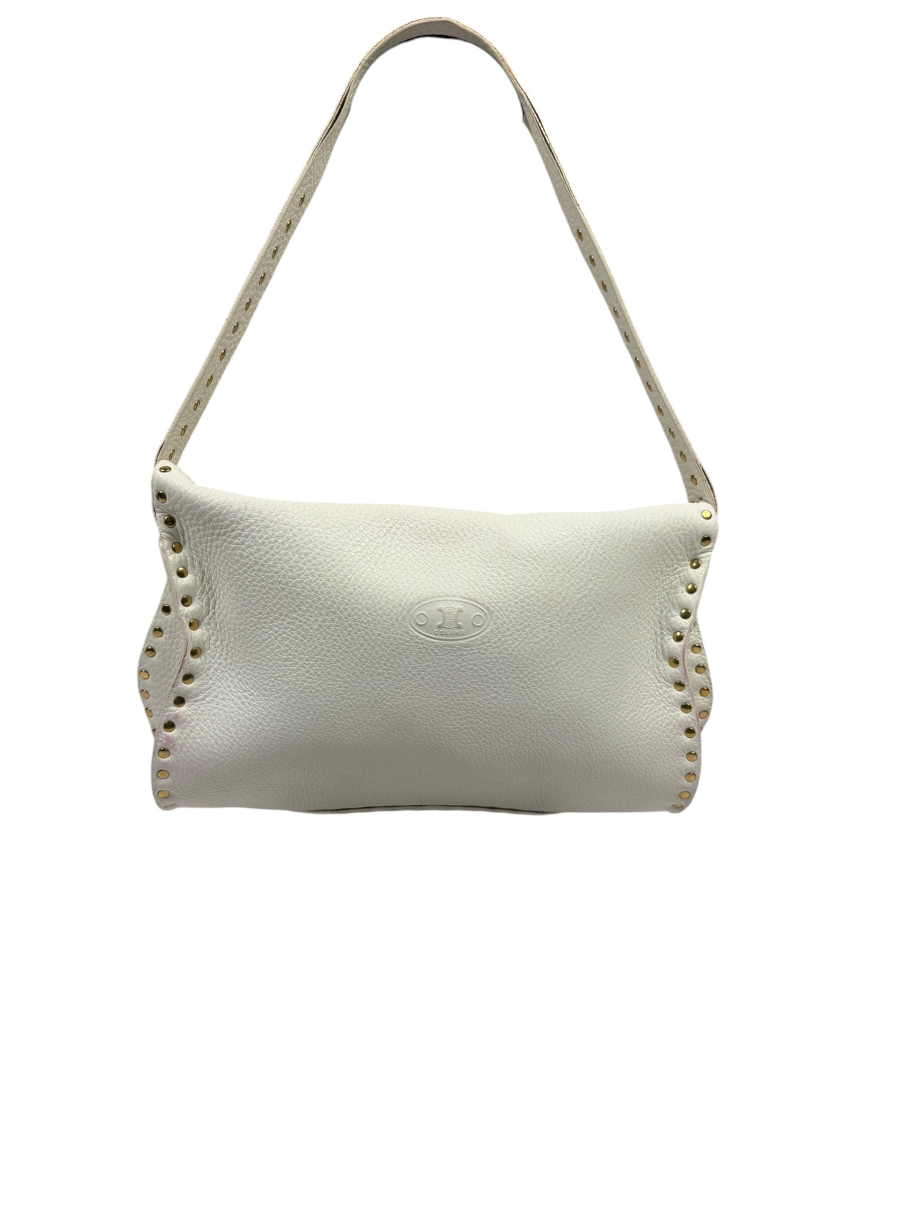 Celine White Grained Leather Studded Poultbot Shoulder Bag