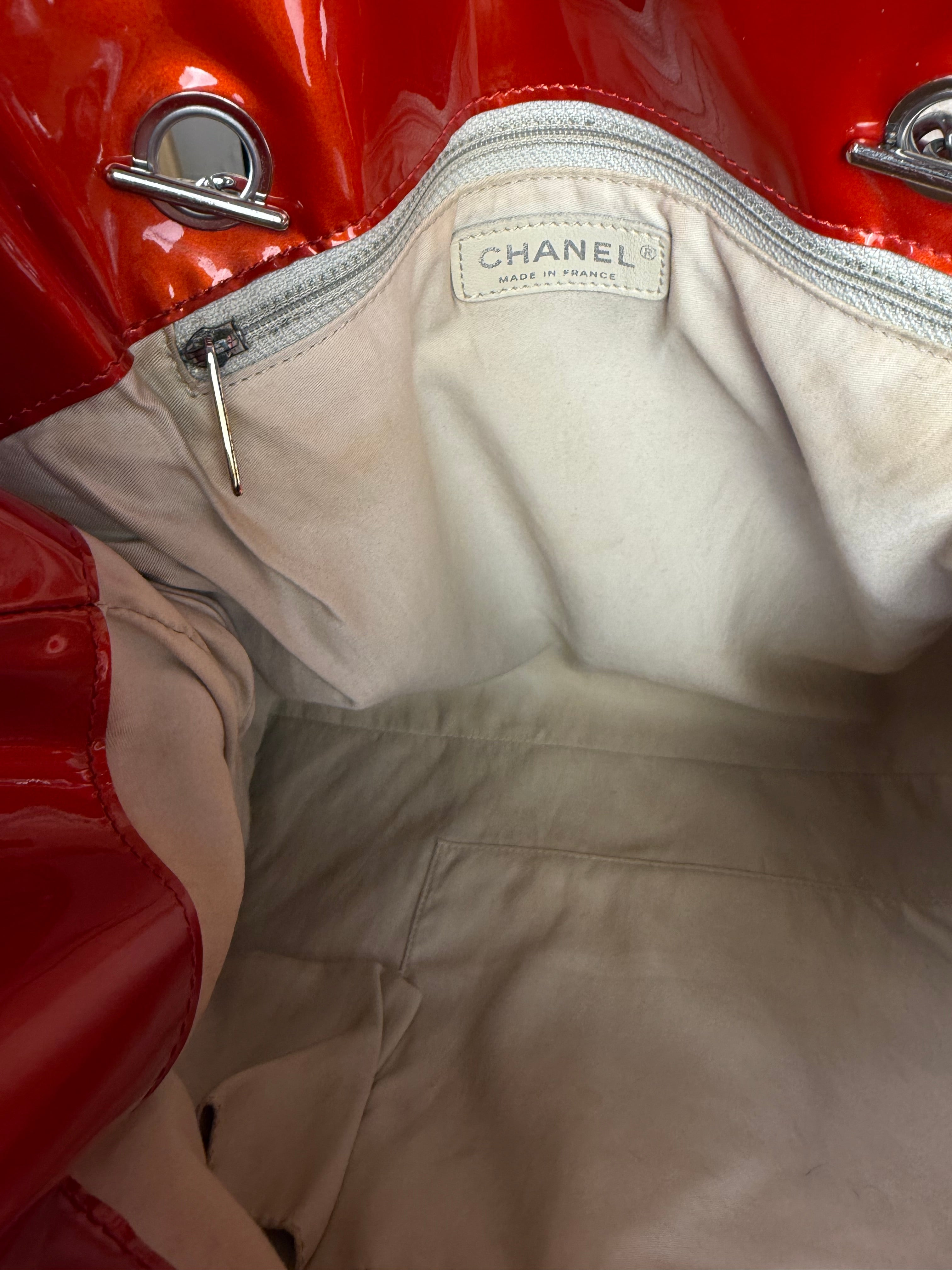 Chanel Red Patent CC Crystal Bon Bon Chain Tote