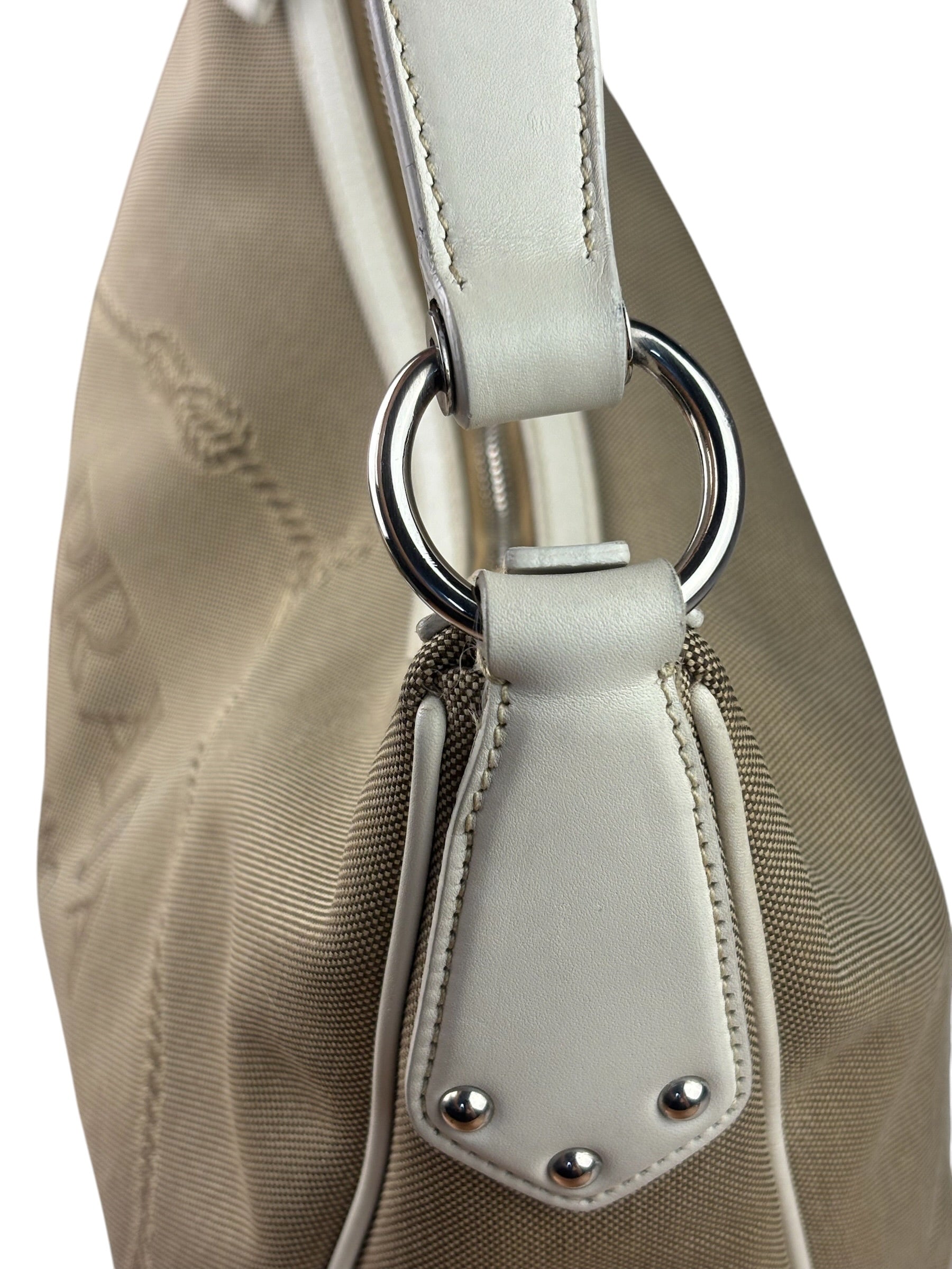 Prada Beige/Cream Leather Trim Logo Jacquard Hobo Bag