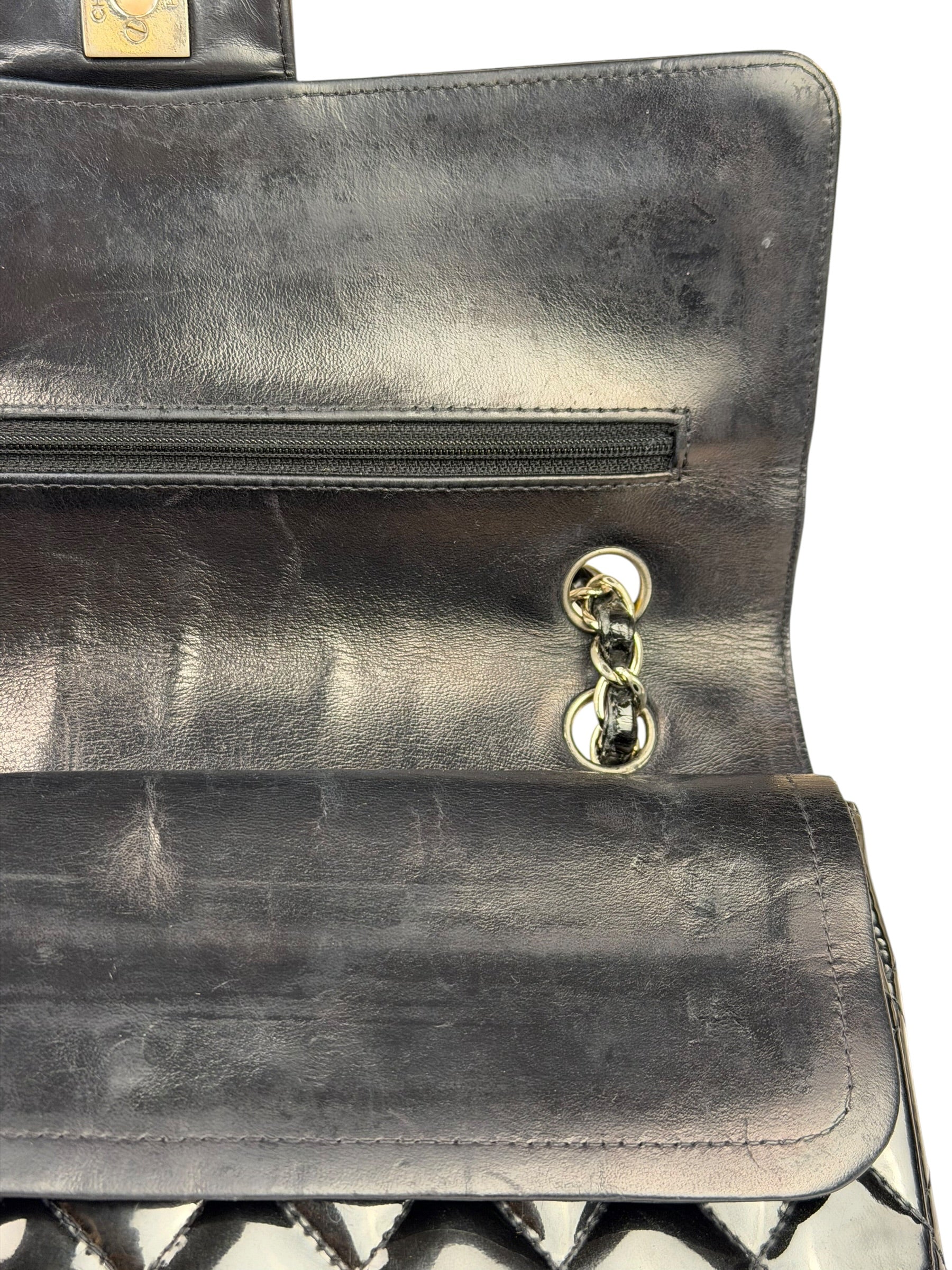 Chanel Black Patent Quilted Leather Double Flap Bag