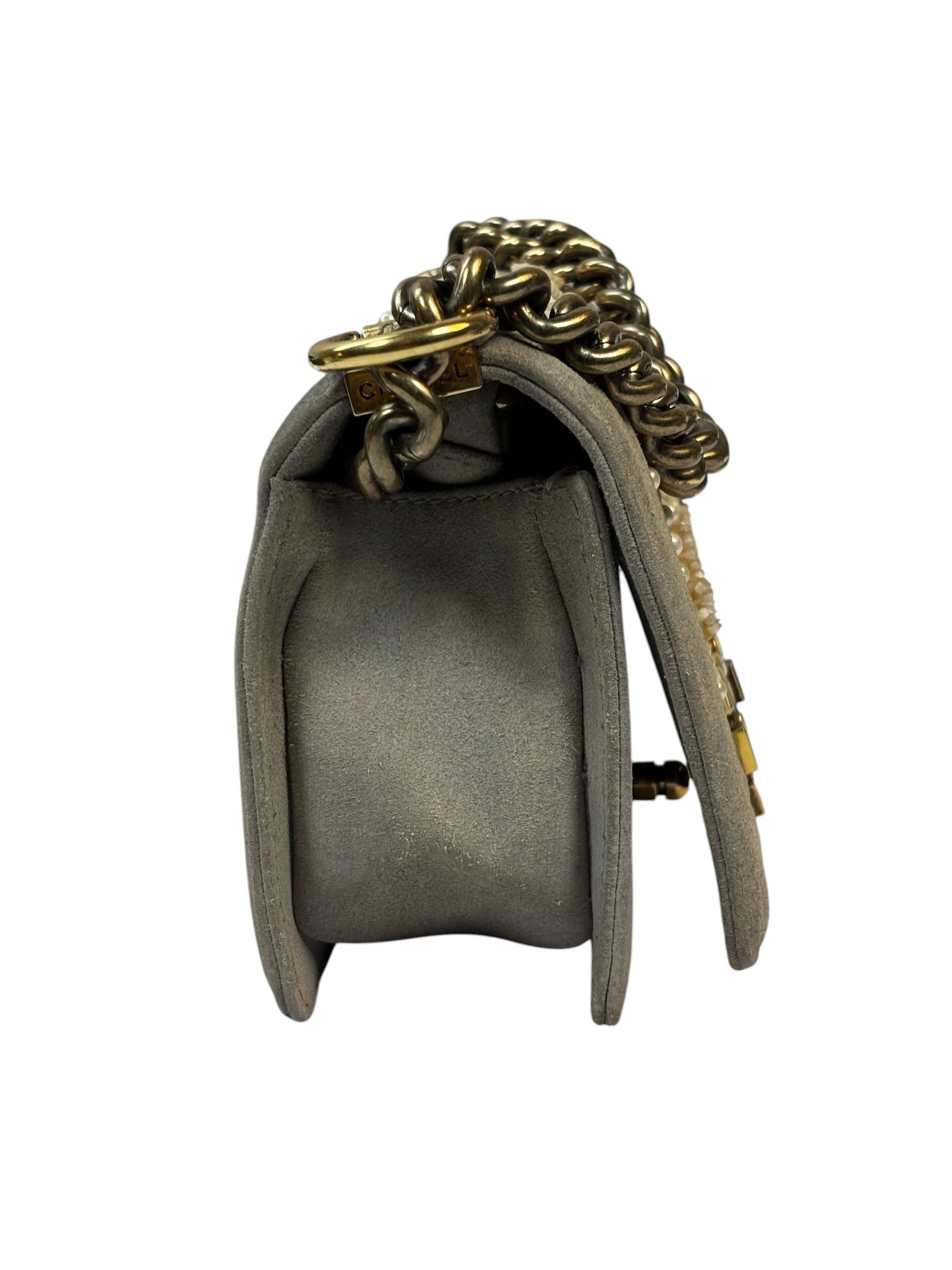 Chanel Grey Suede Beaded Pearl/Bead Boy Flap 2014