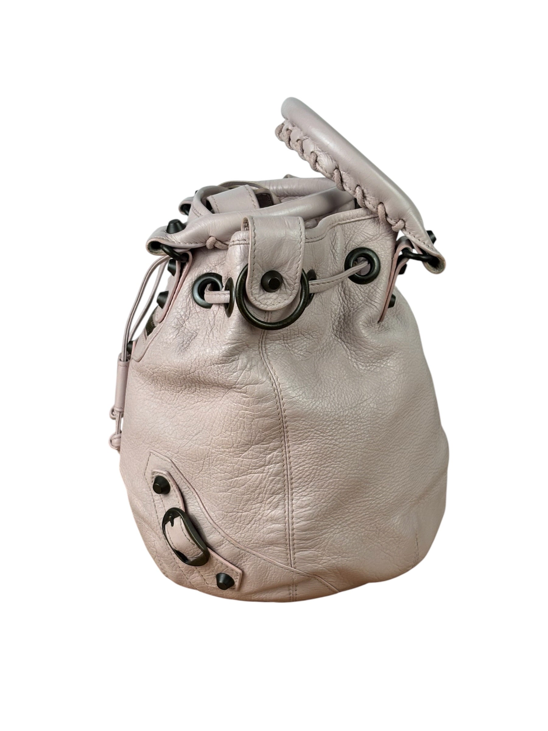 Balenciaga Baby Pink Leather Pompon Moto City 2Way Bucket Bag