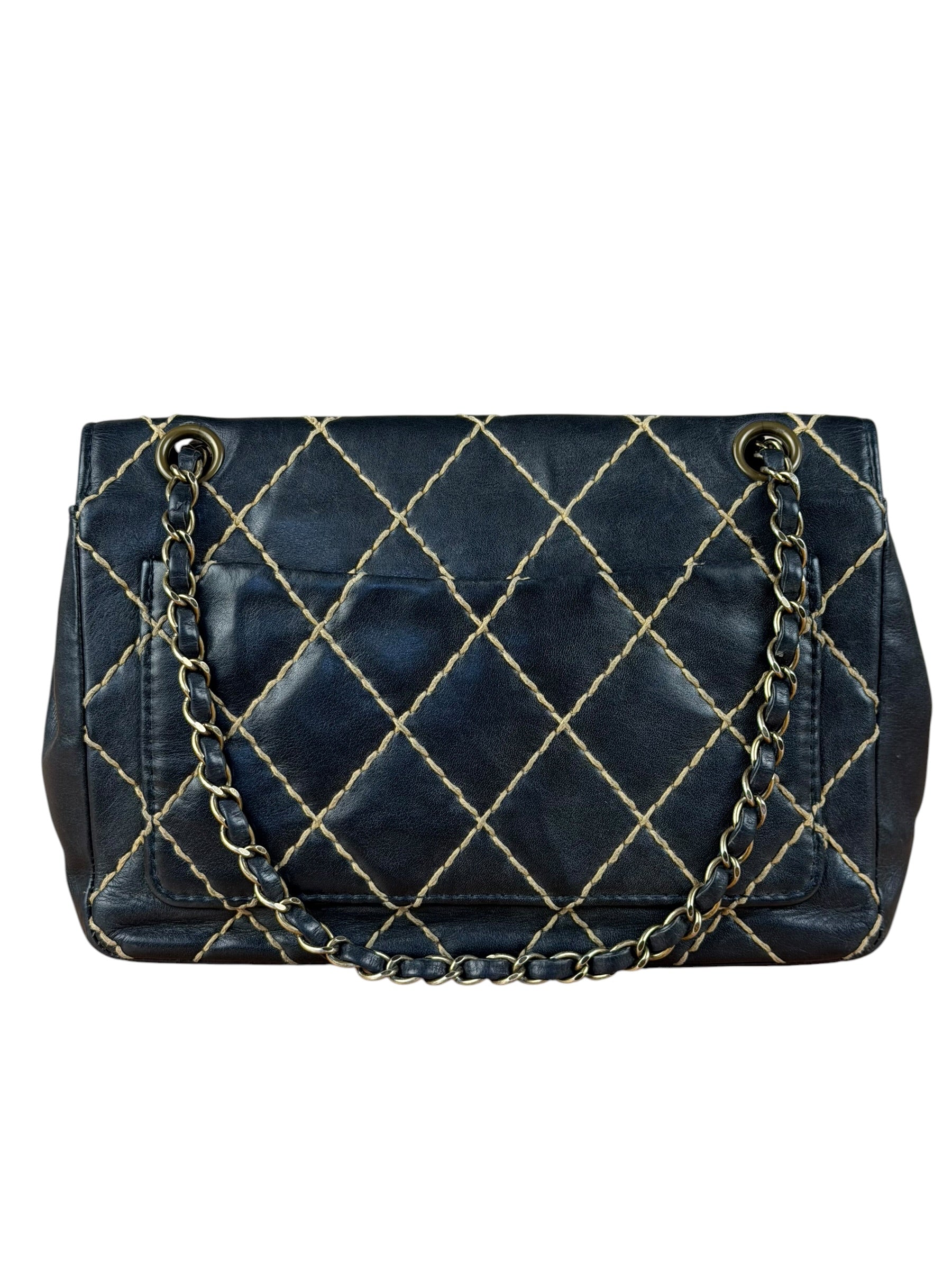 Chanel Vintage Navy Blue Leather Wild Stitch Surpique Flap Bag 2001