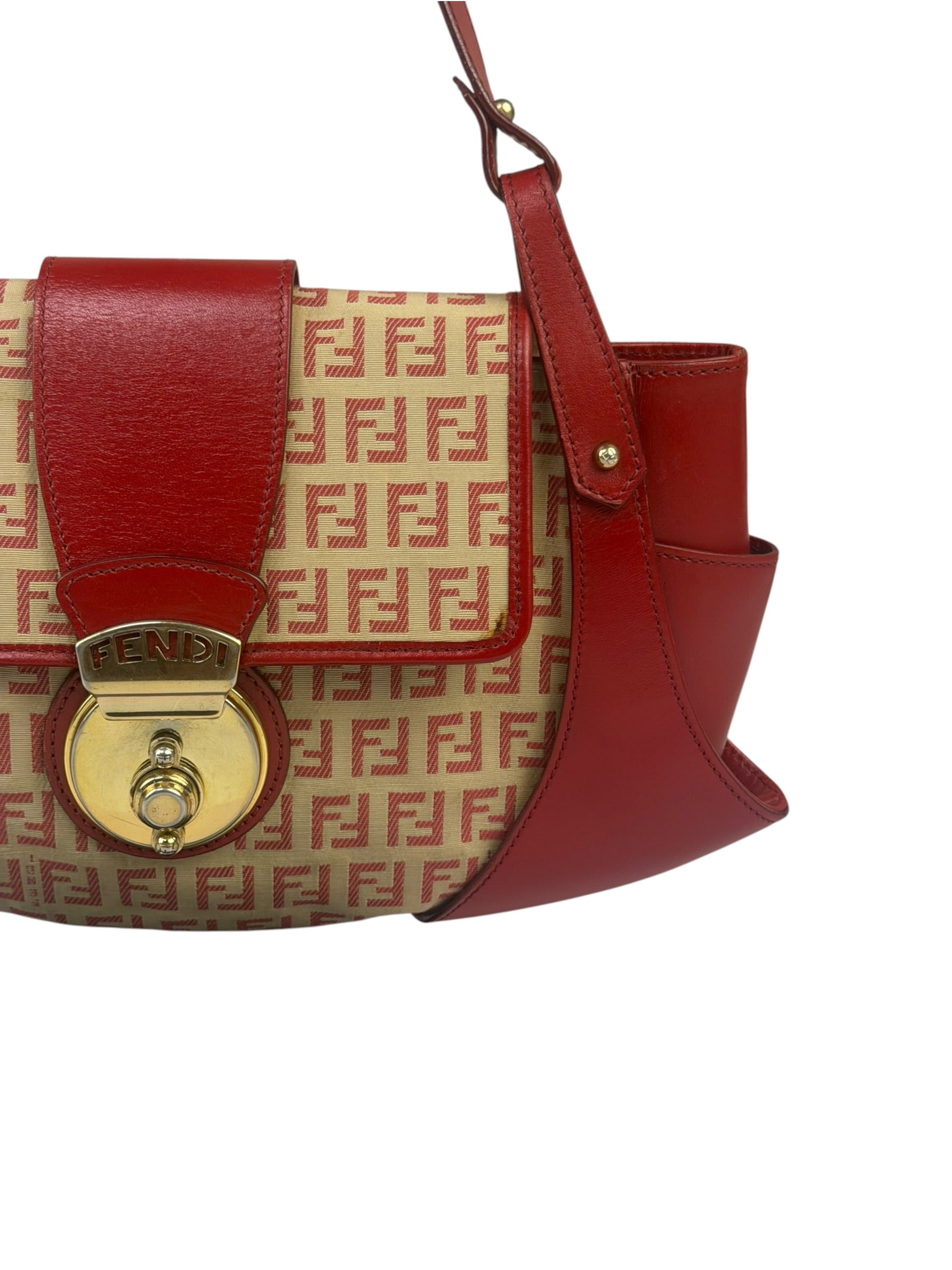 Fendi Red Leather Trim Zucca Compliation Shoulder Bag