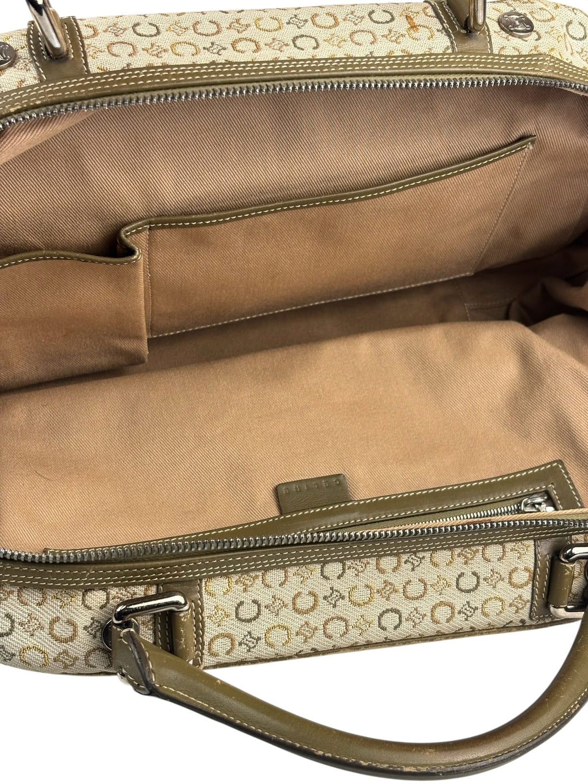 Celine Beige/Green Leather Trim Macadam Handbag