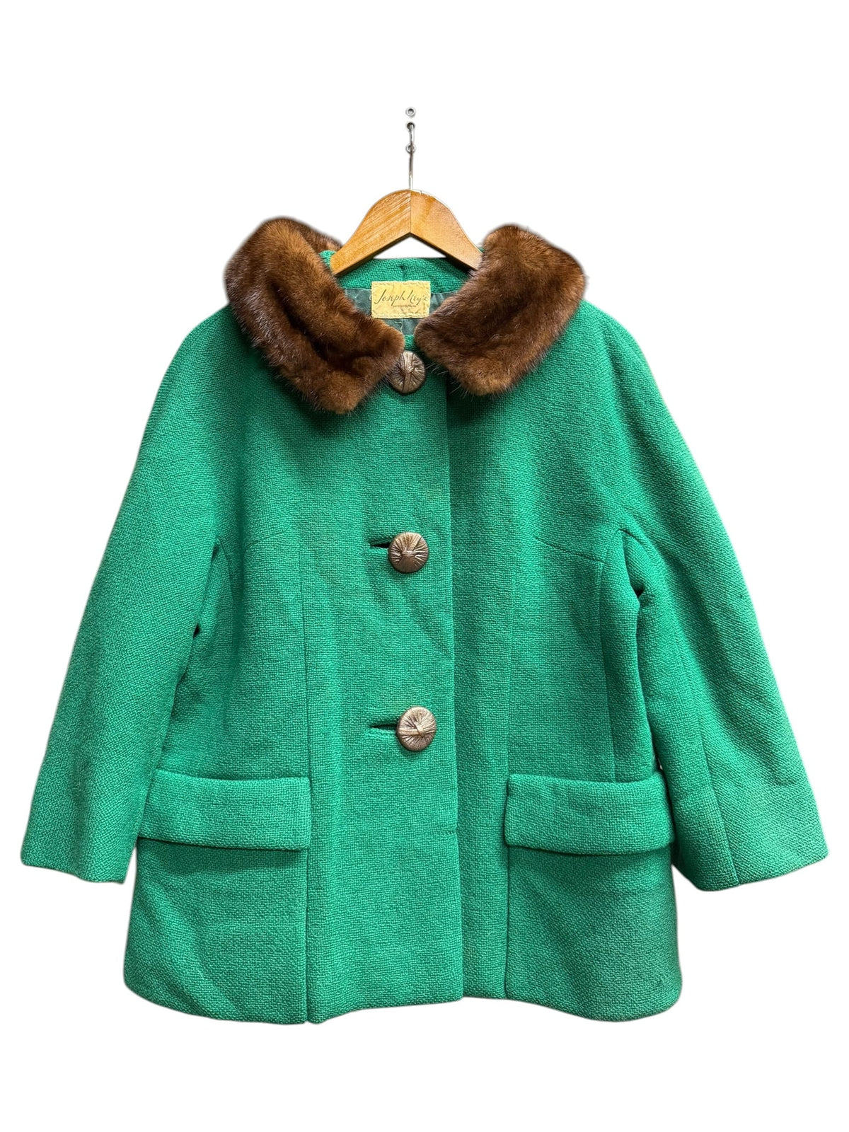 Vintage Green Wool Twill Fur Collar Coat