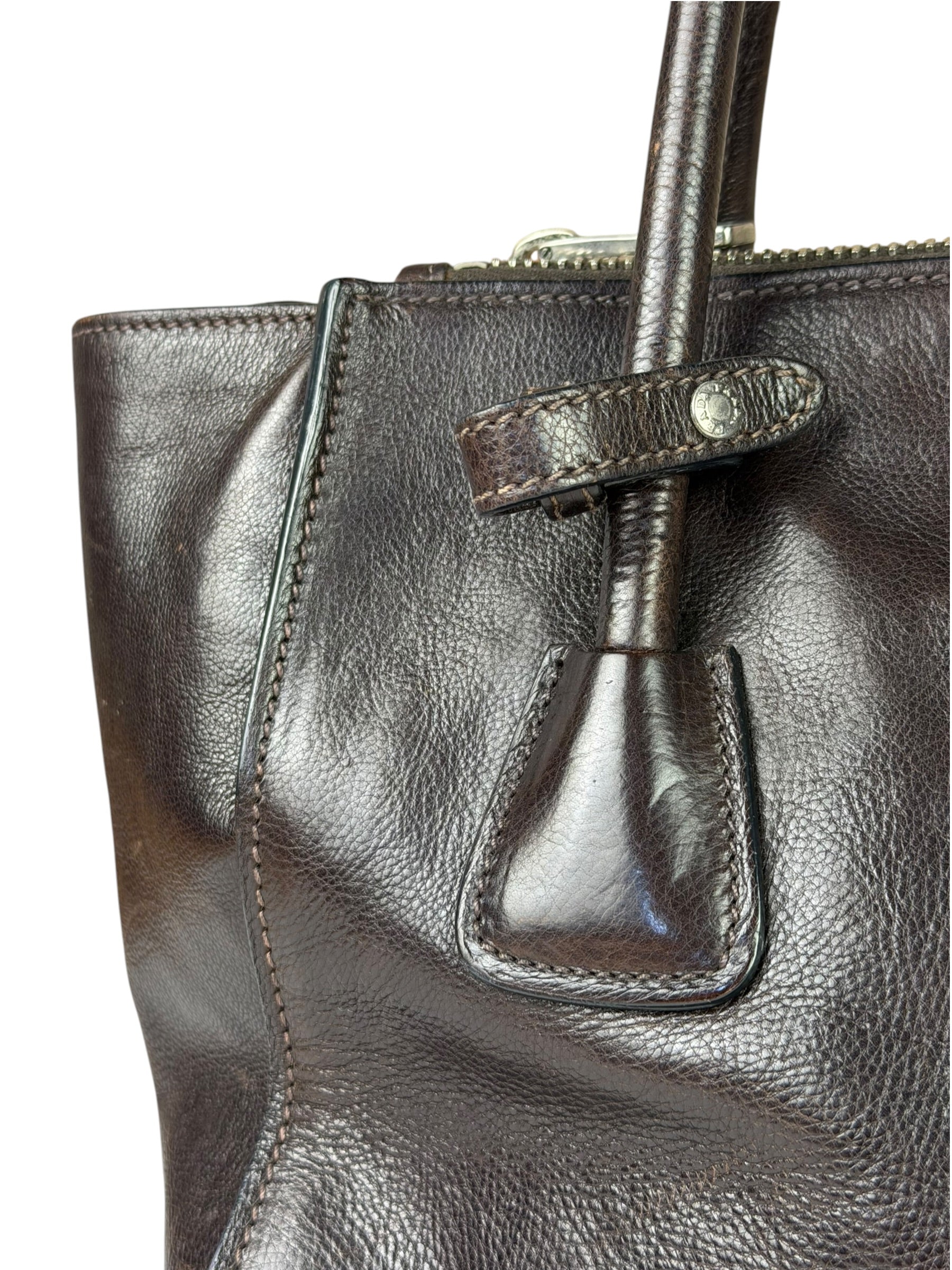 Prada Dark Brown Calf Leather Glace Twin-Pocket Tote