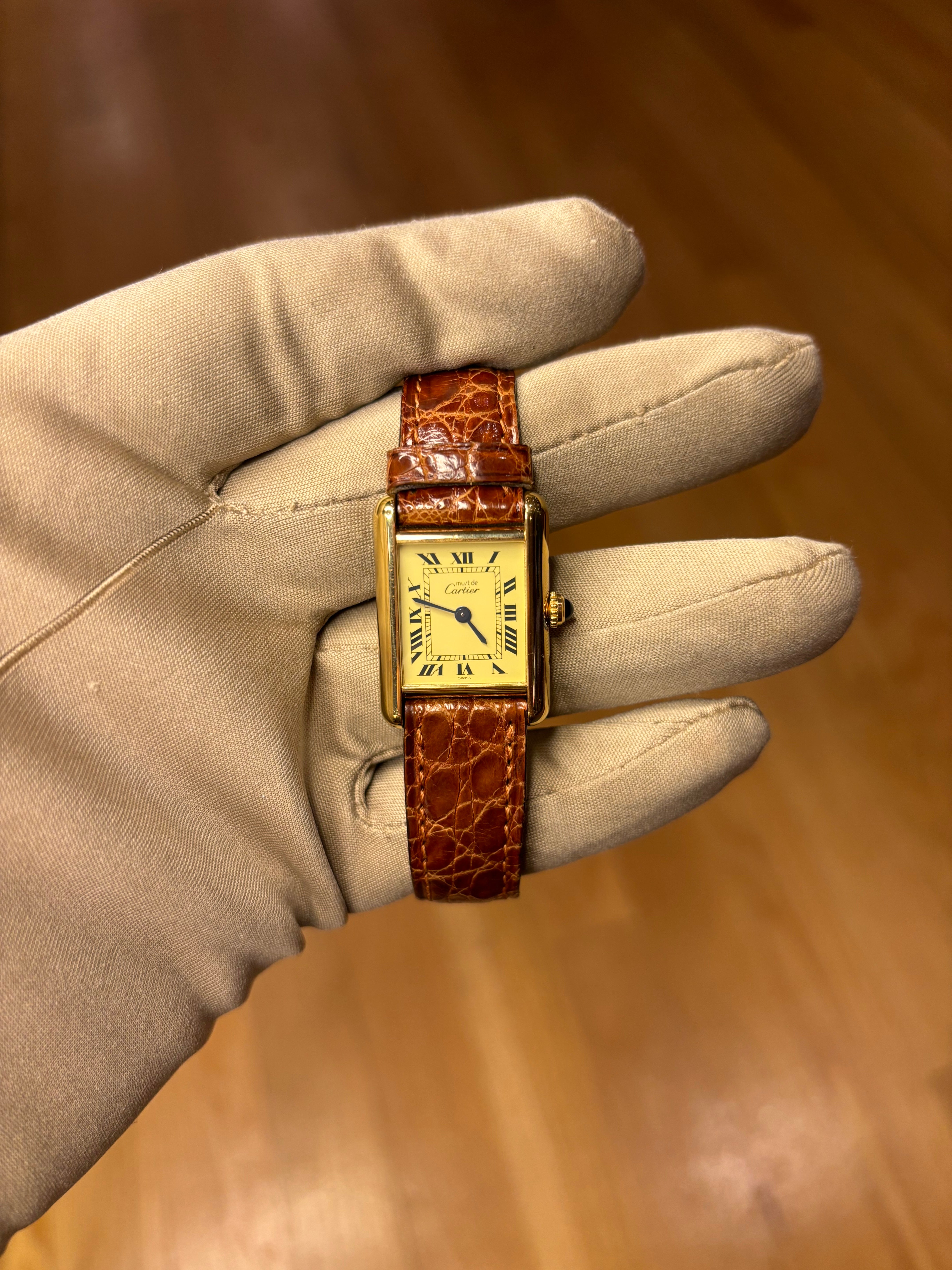 Cartier Tank Cream Roman Dial Brown Strap