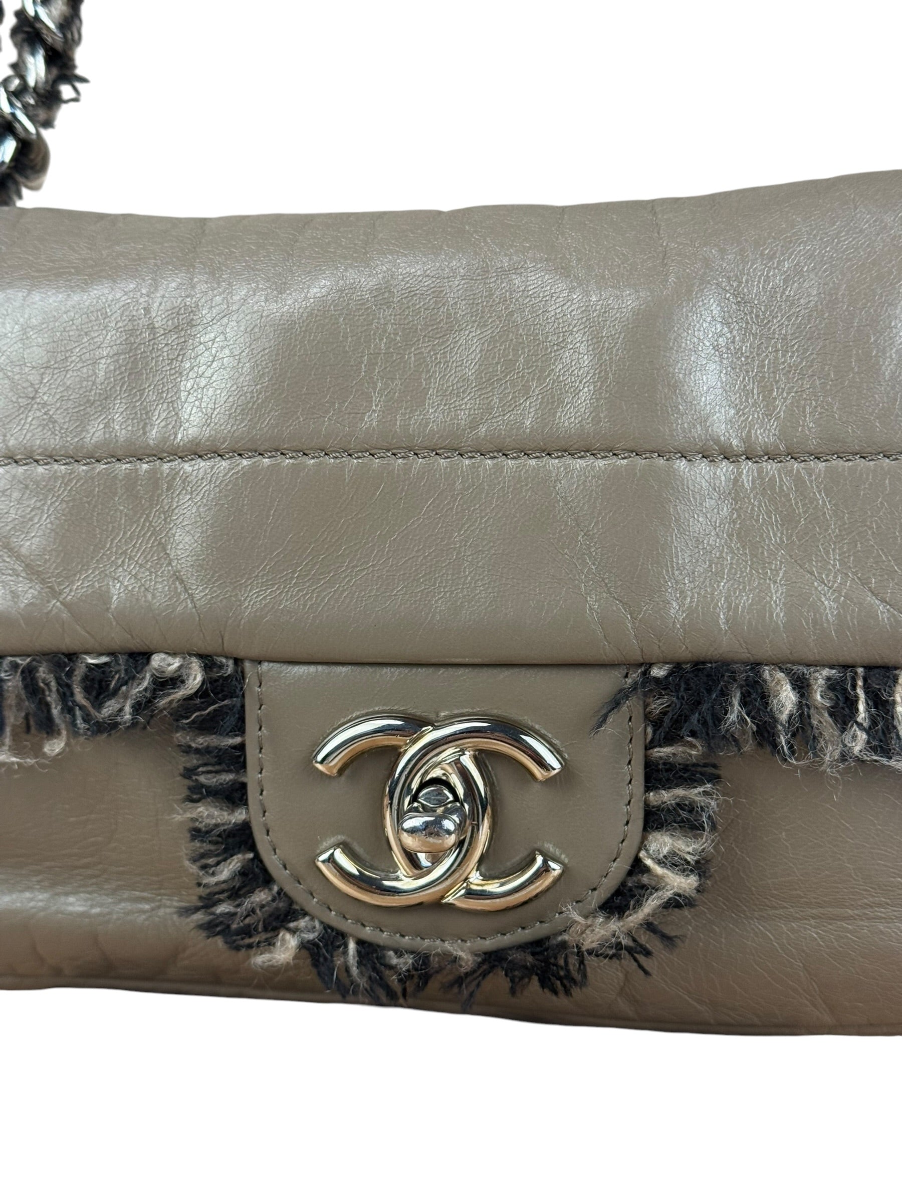 Chanel Taupe Leather Funny Tweed Fringe Flap Bag 2010