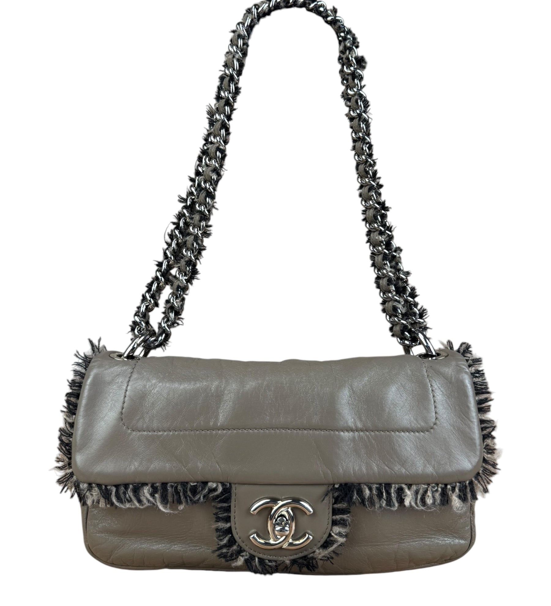 Chanel Taupe Leather Funny Tweed Fringe Flap Bag 2010