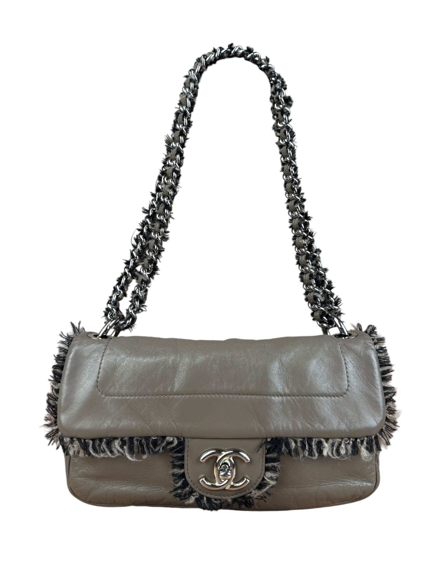 Chanel Taupe Leather Funny Tweed Fringe Flap Bag 2010