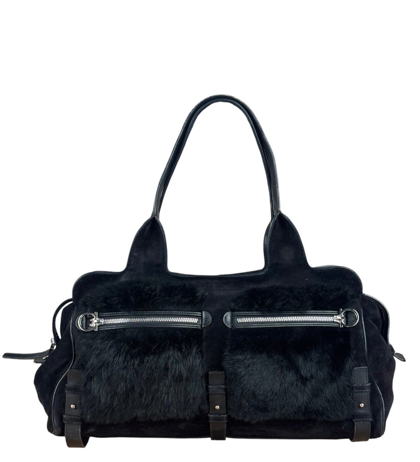 Salvatore Ferragamo Black Rabbit Fur Leather Trim Shoulder Bag