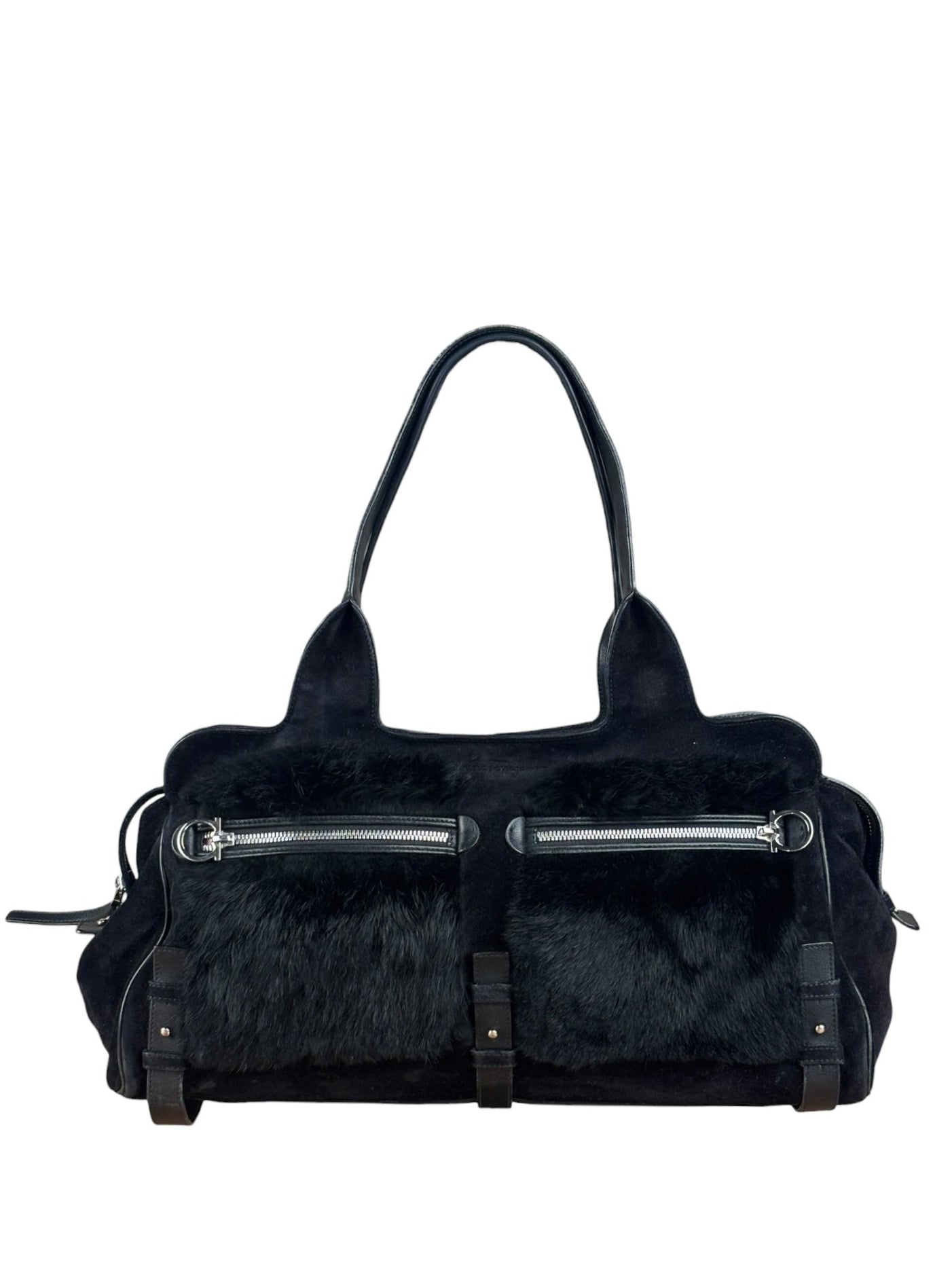 Salvatore Ferragamo Black Rabbit Fur Leather Trim Shoulder Bag