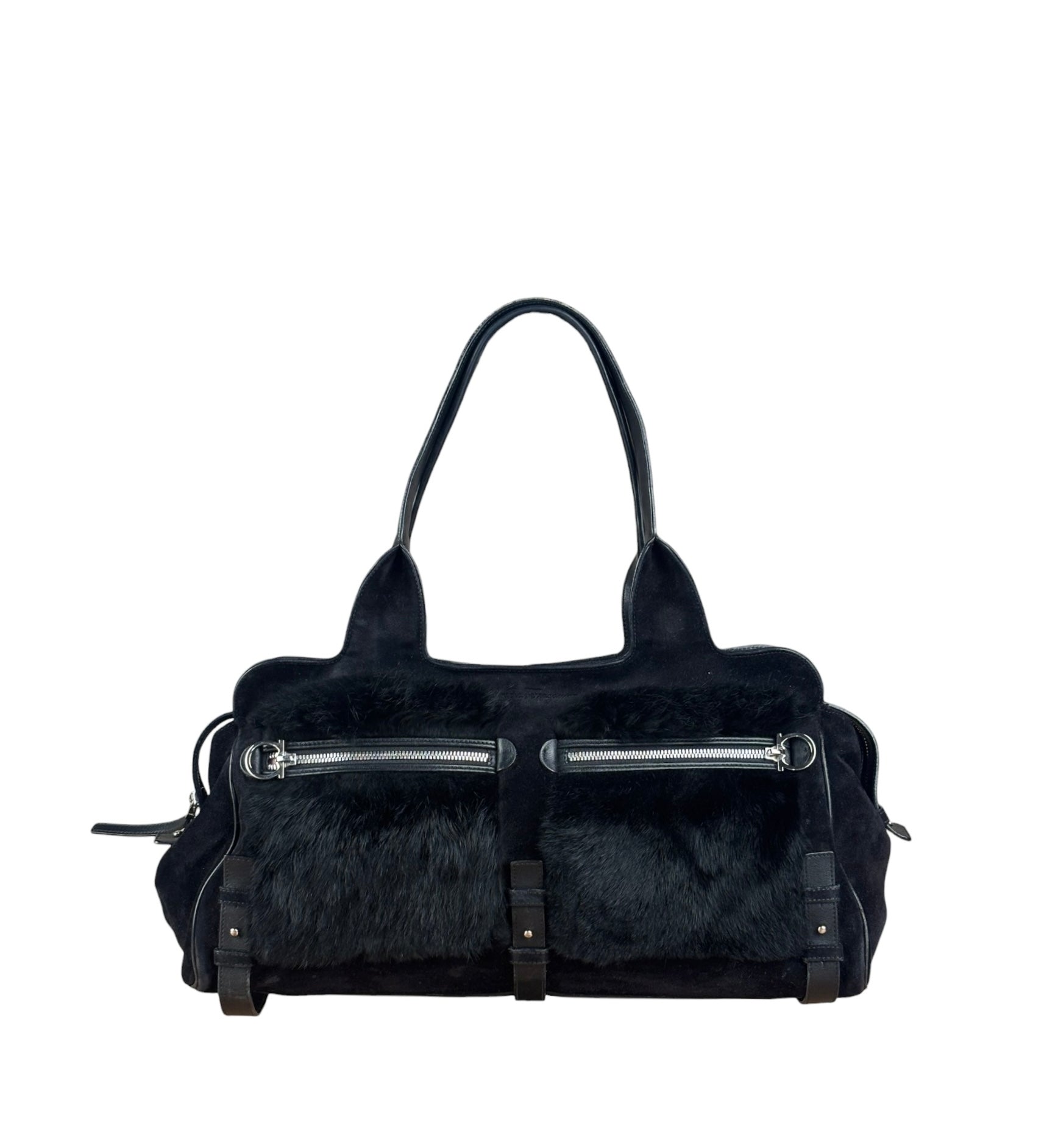 Salvatore Ferragamo Black Rabbit Fur Leather Trim Shoulder Bag