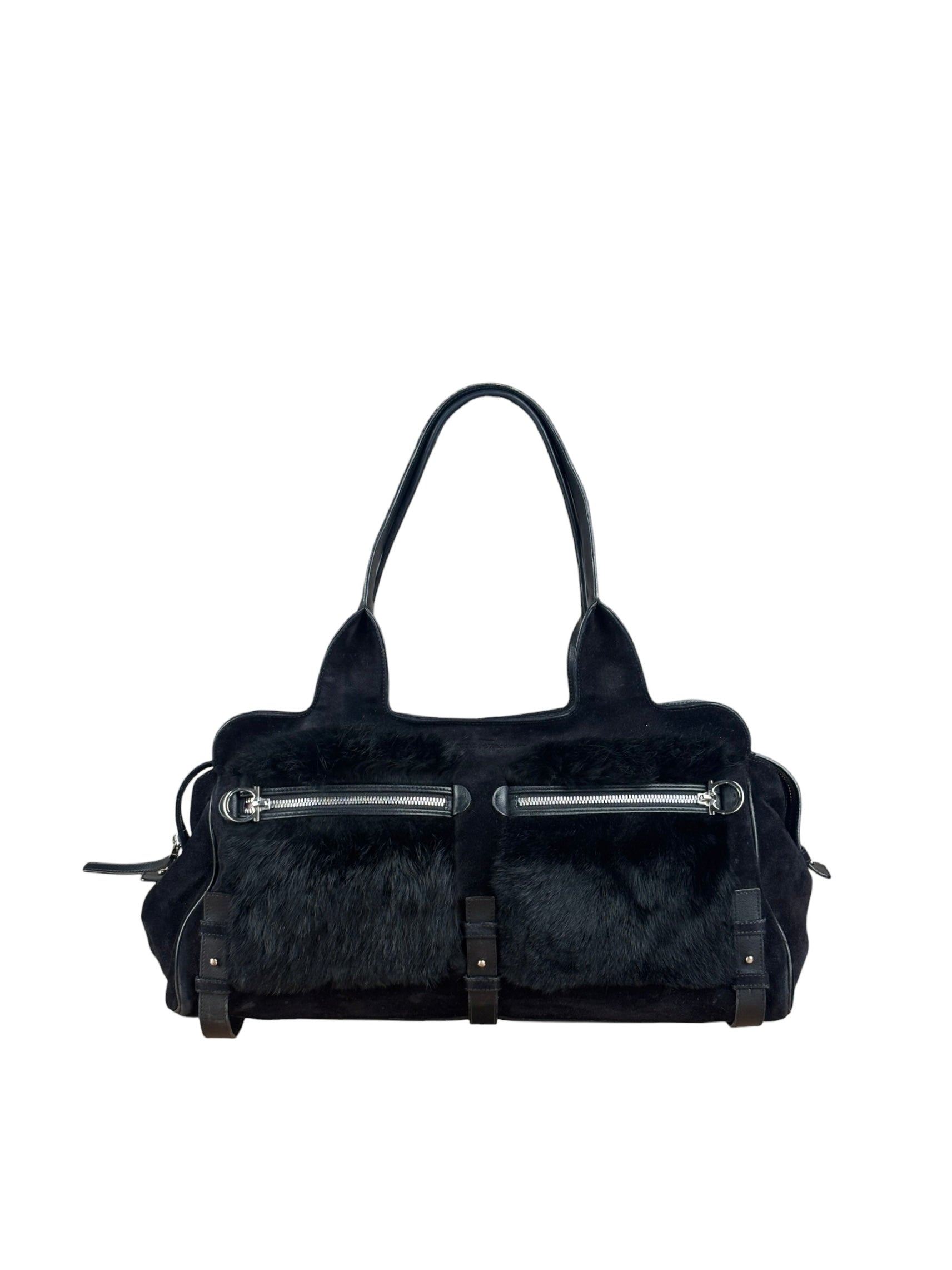 Salvatore Ferragamo Black Rabbit Fur Leather Trim Shoulder Bag