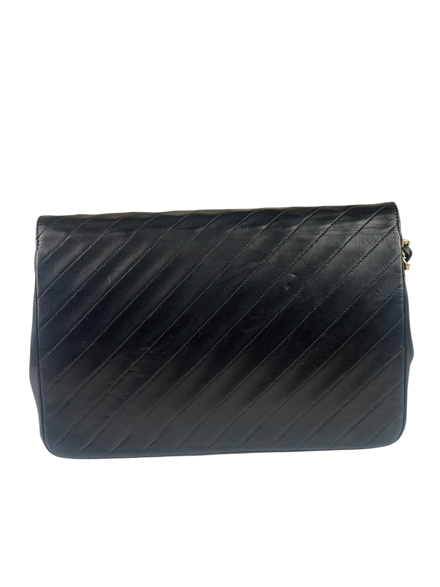 Chanel Vintage Black Leather Timeless Diagonal Stitch Flap Bag 1986