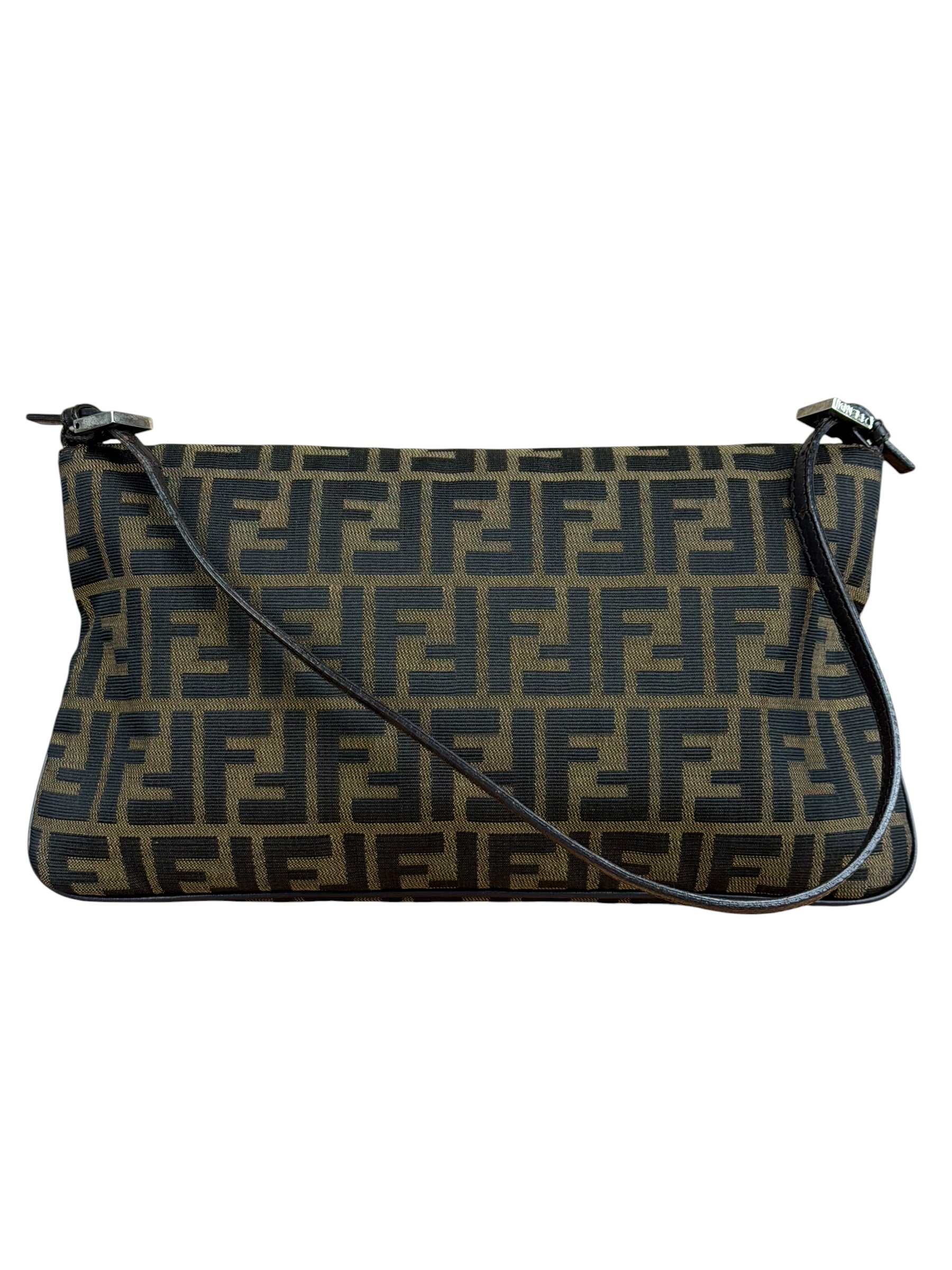 Fendi Brown Leather Trim Zucca FF Monogram Baguette