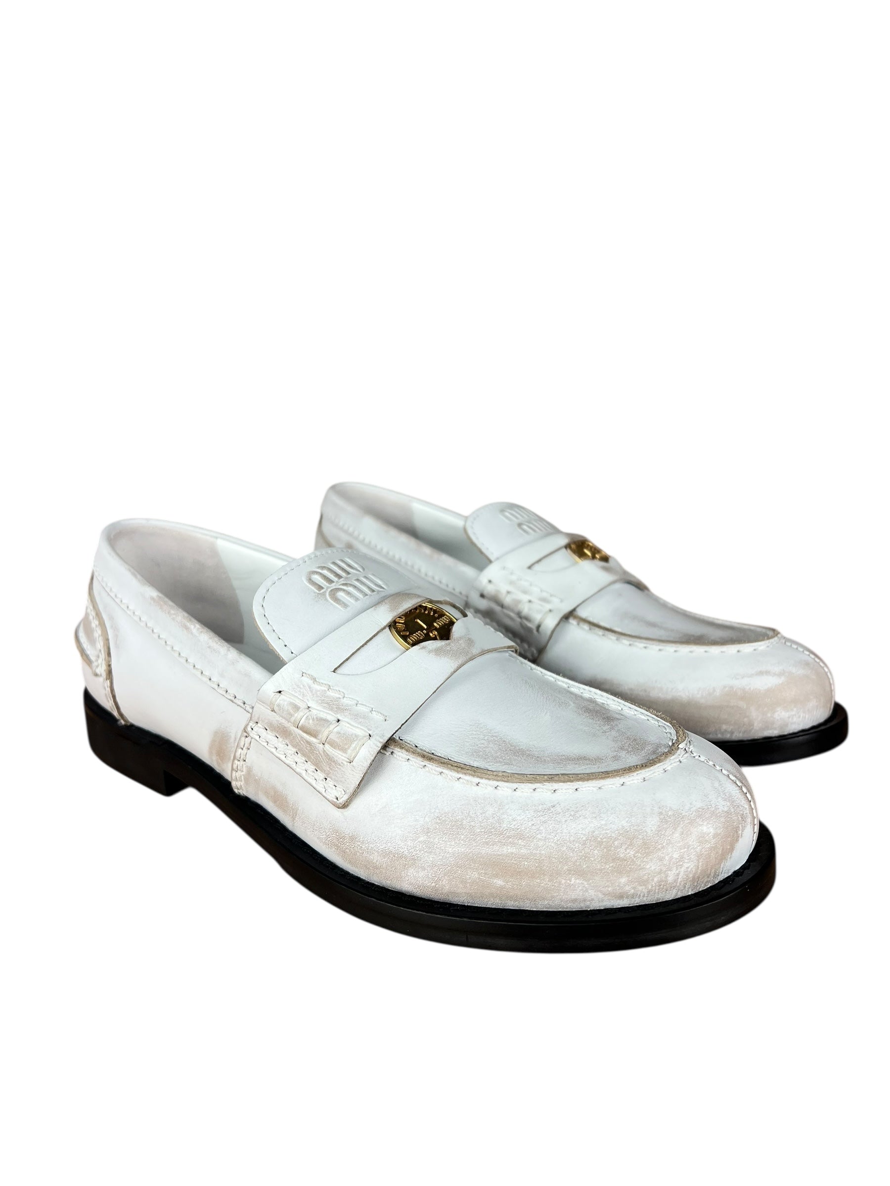Miu Miu White Distressed Leather Penny Loafers