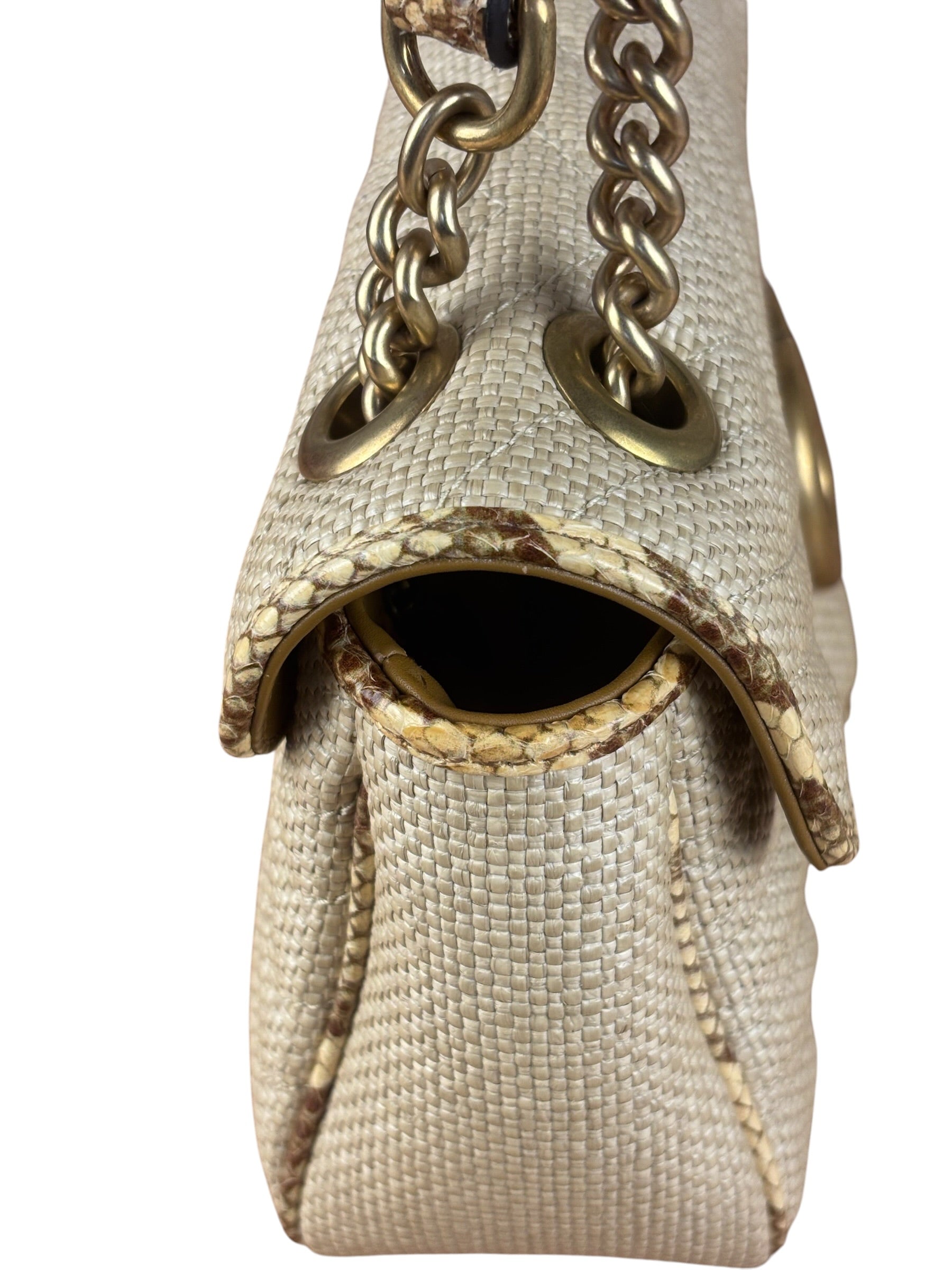 Gucci GG Beige Raffia Marmont Snakeskin Trim Flap Bag
