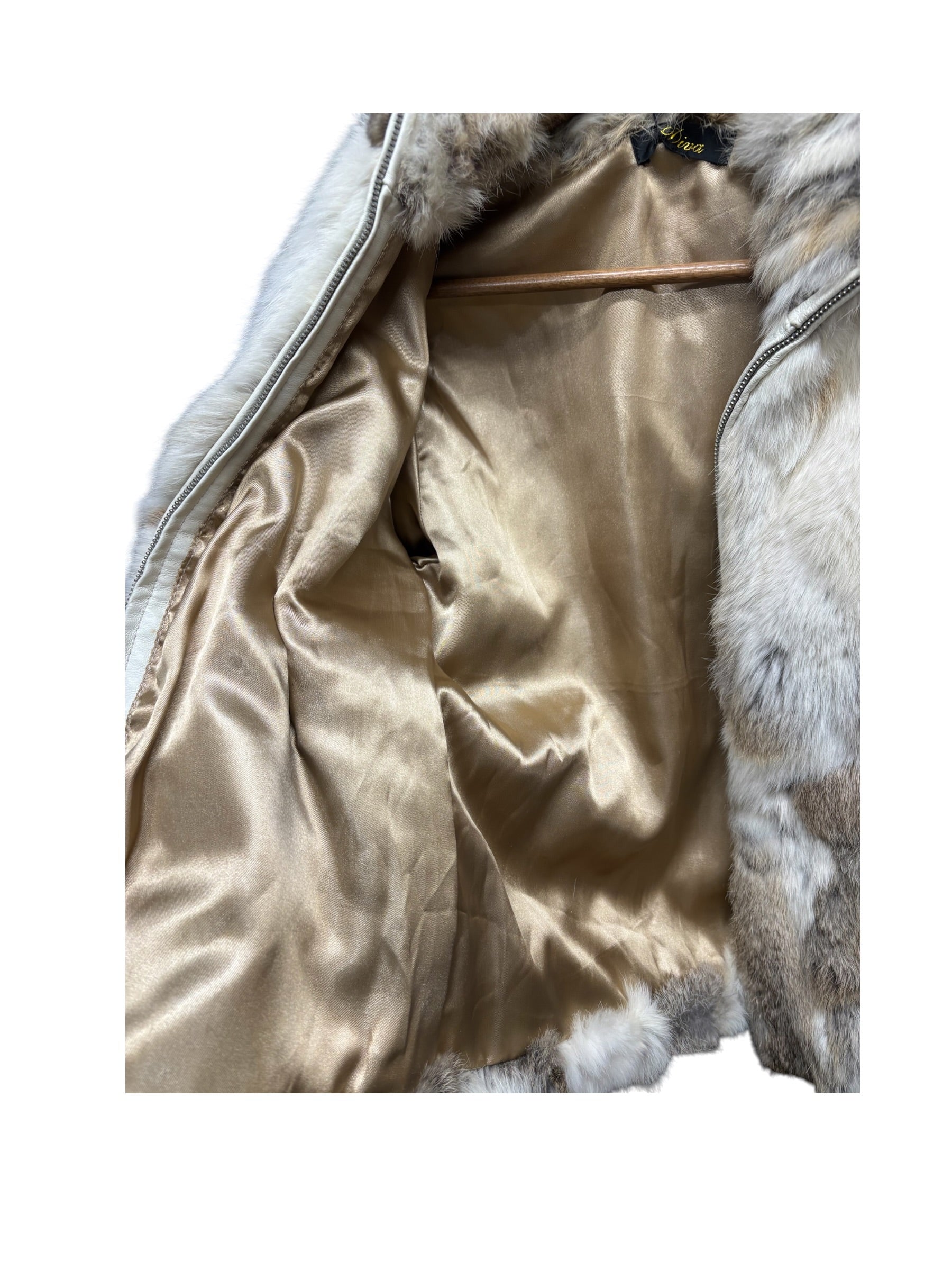 Diva Brown/White Zip-Up Rabbit Fur Jacket