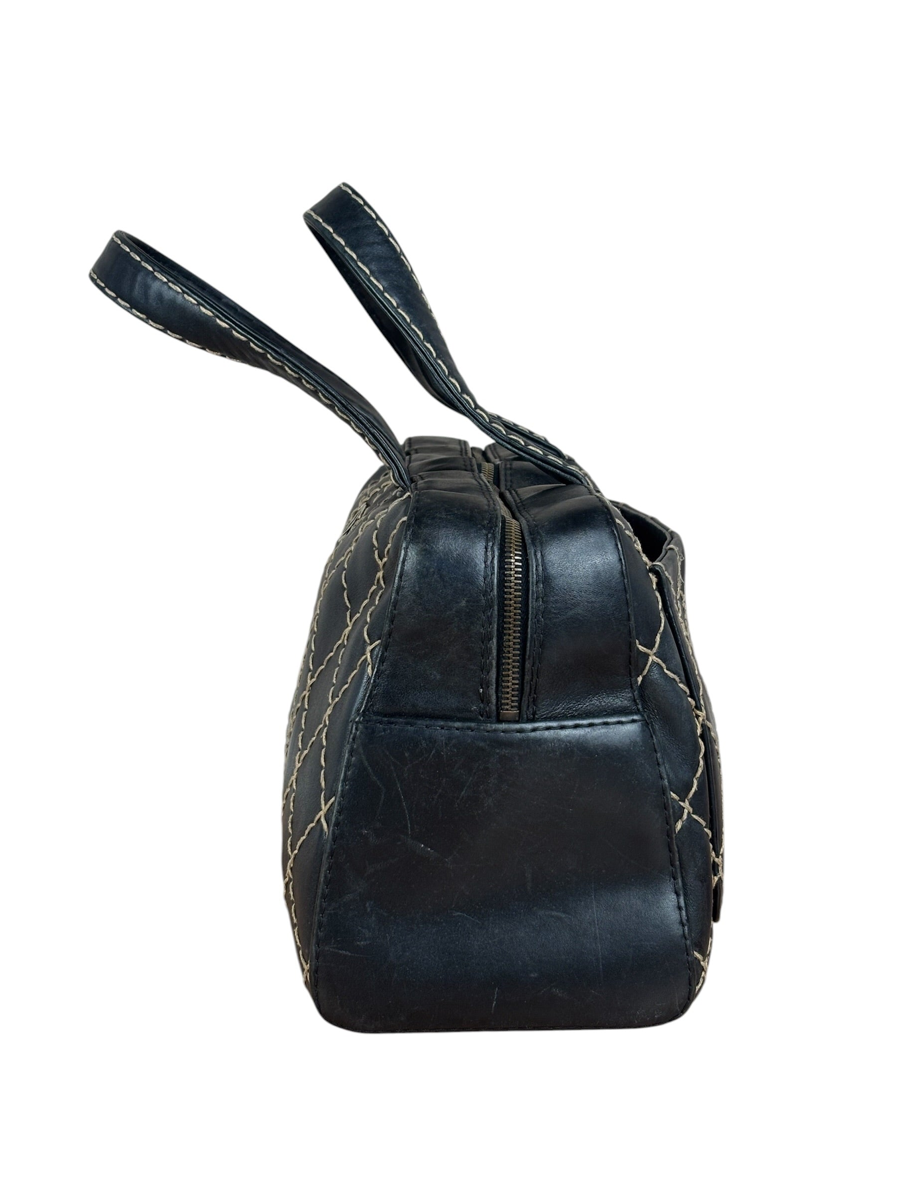 Chanel Vintage Black Leather Wild Stitch Bowler Shoulder Bag 2001