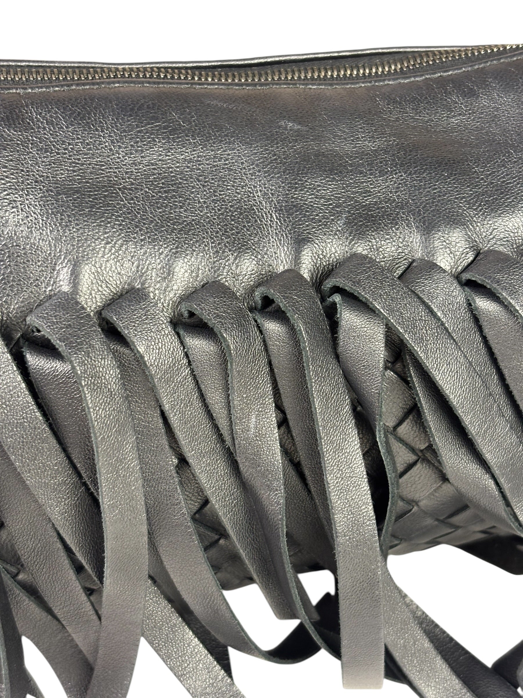 Bottega Veneta Black Leather Intercciato Woven Fringe Wristlet
