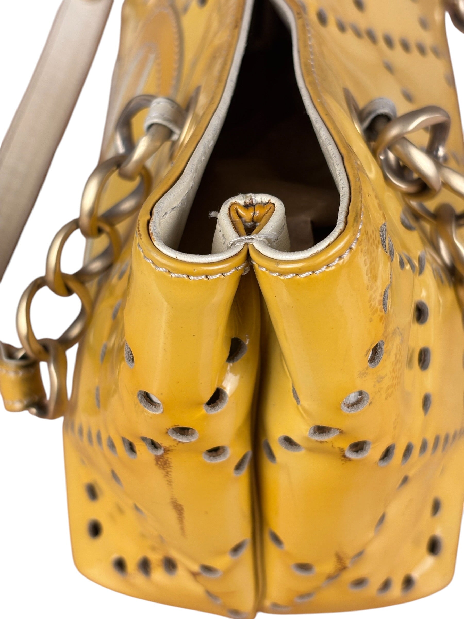 Chanel Vintage Yellow Patent Leather Perforated Tote Bag 1987