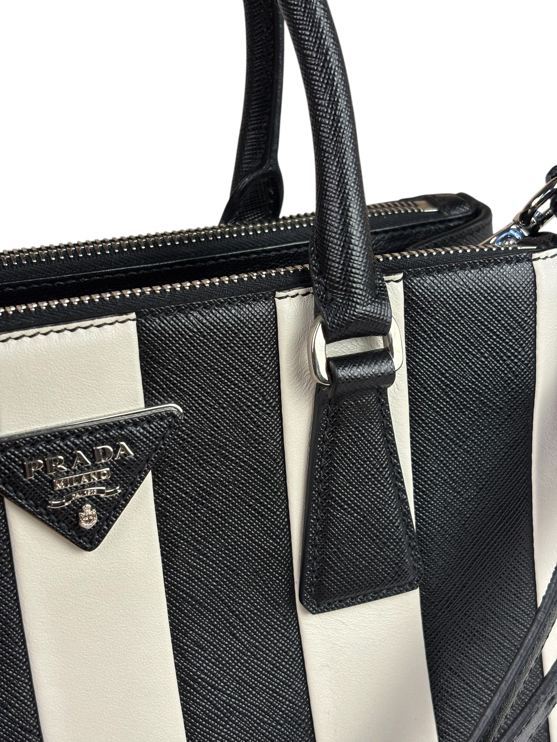 Prada Black/White Saffiano Leather Striped Two-Way Bag