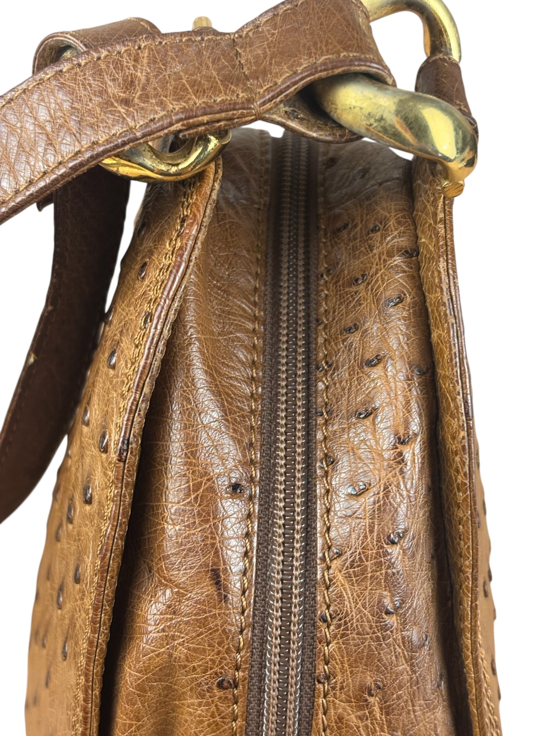 Loewe Vintage Brown Ostrich Print Leather Triangular Shoulder Bag
