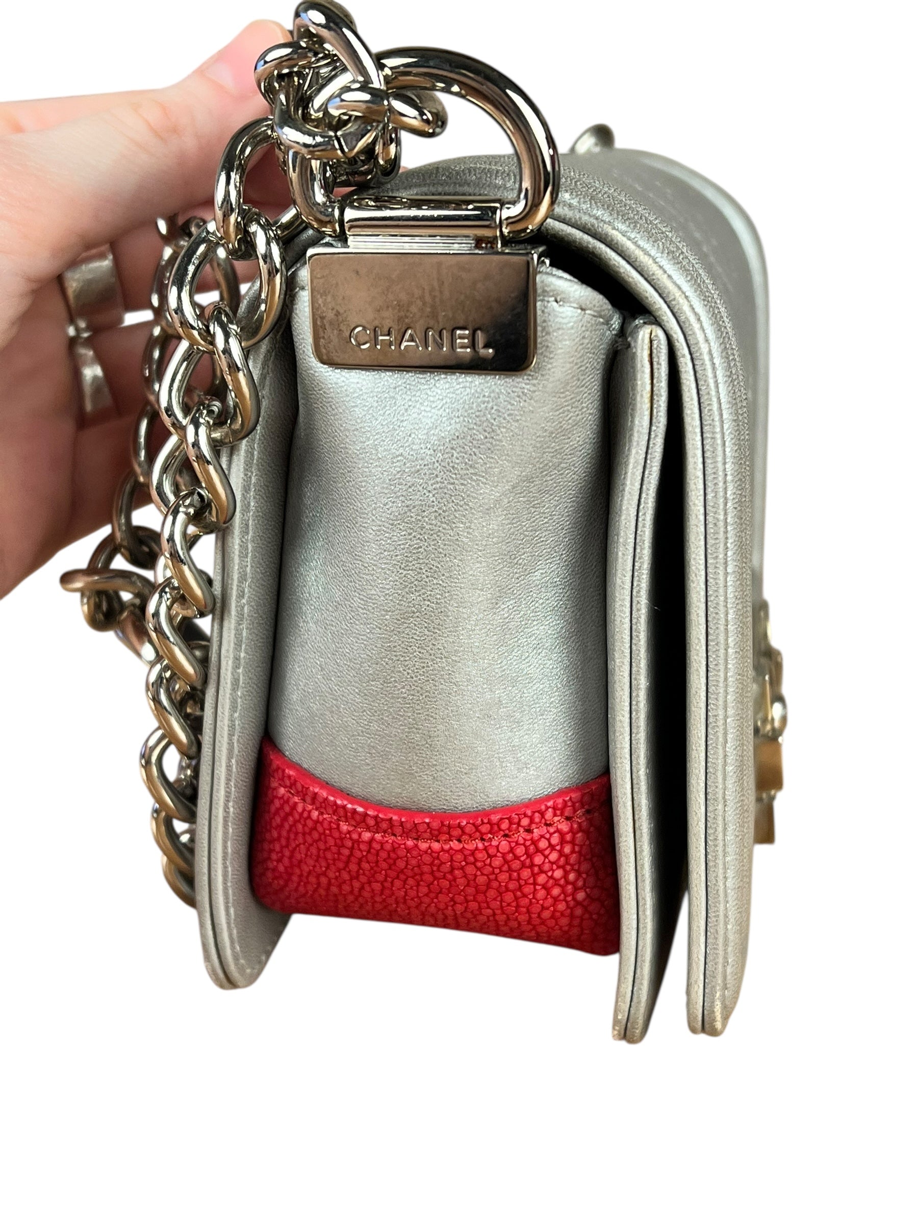 Chanel CC Silver Lambskin Quilted Boy Bag Red Stingray 2012