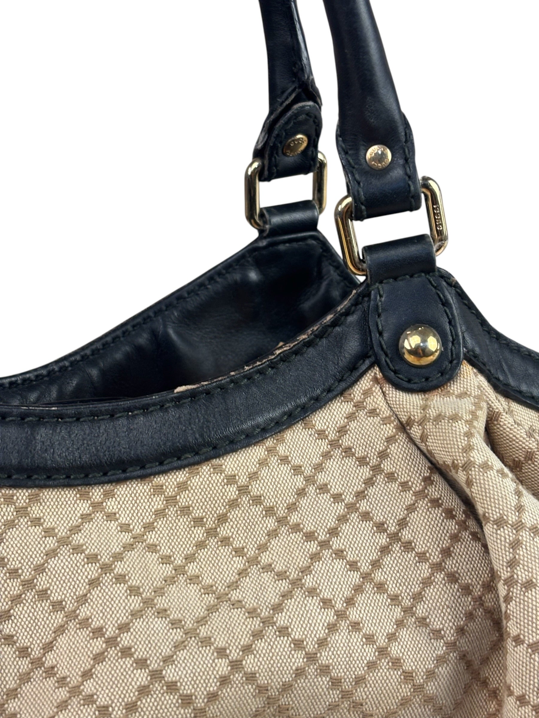 Gucci Beige Leather Trim Diamante Canvas Sukey Tote