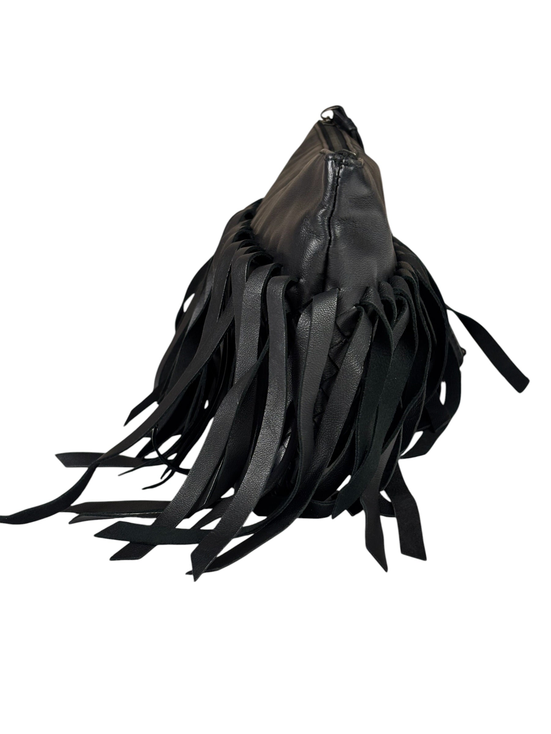 Bottega Veneta Black Leather Intercciato Woven Fringe Wristlet